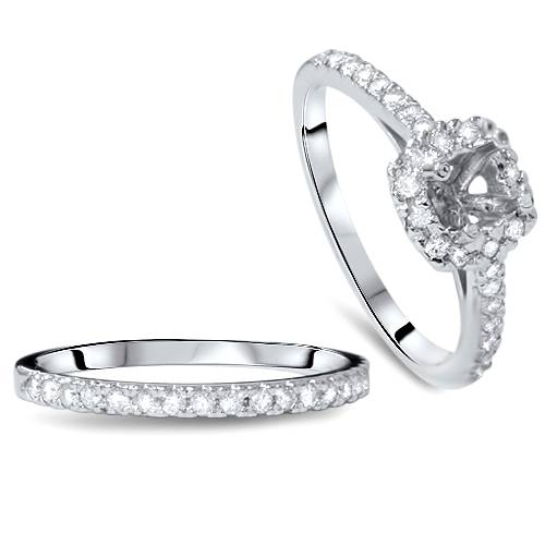3/4ct Cushion Halo Engagement Ring Setting & Band 14K White Gold