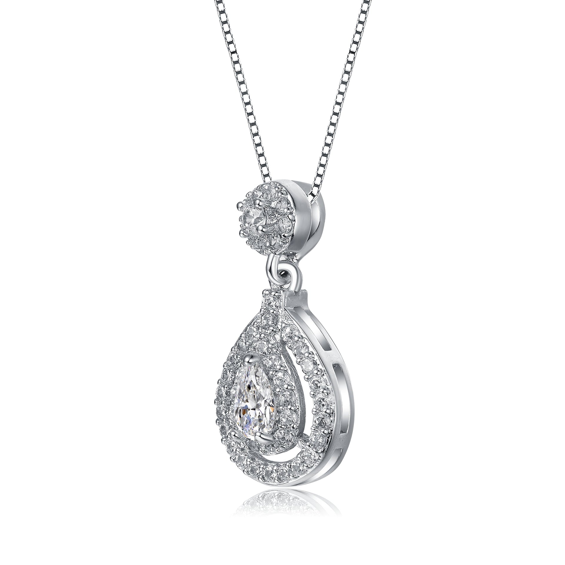 Sterling Silver With Rhodium Plated Pear And Round Cz Accent Drop Pendant Necklace