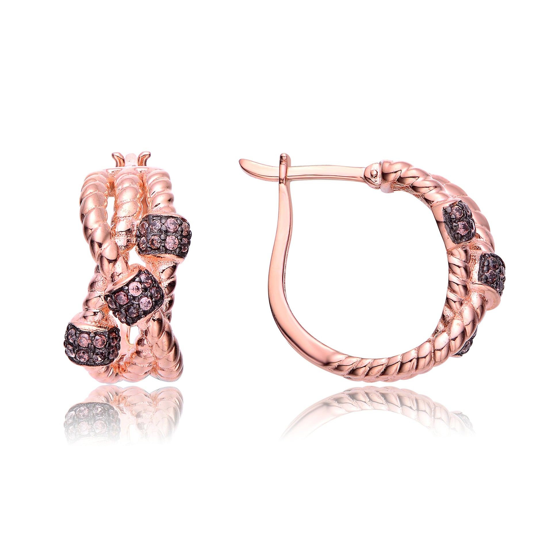 Sterling Silver Rose Gold Plated Coffee Cubic Zirconia Hoop Earrings