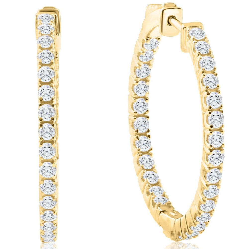 1 1/2 ct Diamond Inside Outside Hoops Vault Lock 1' Tall 14k Yellow Gold