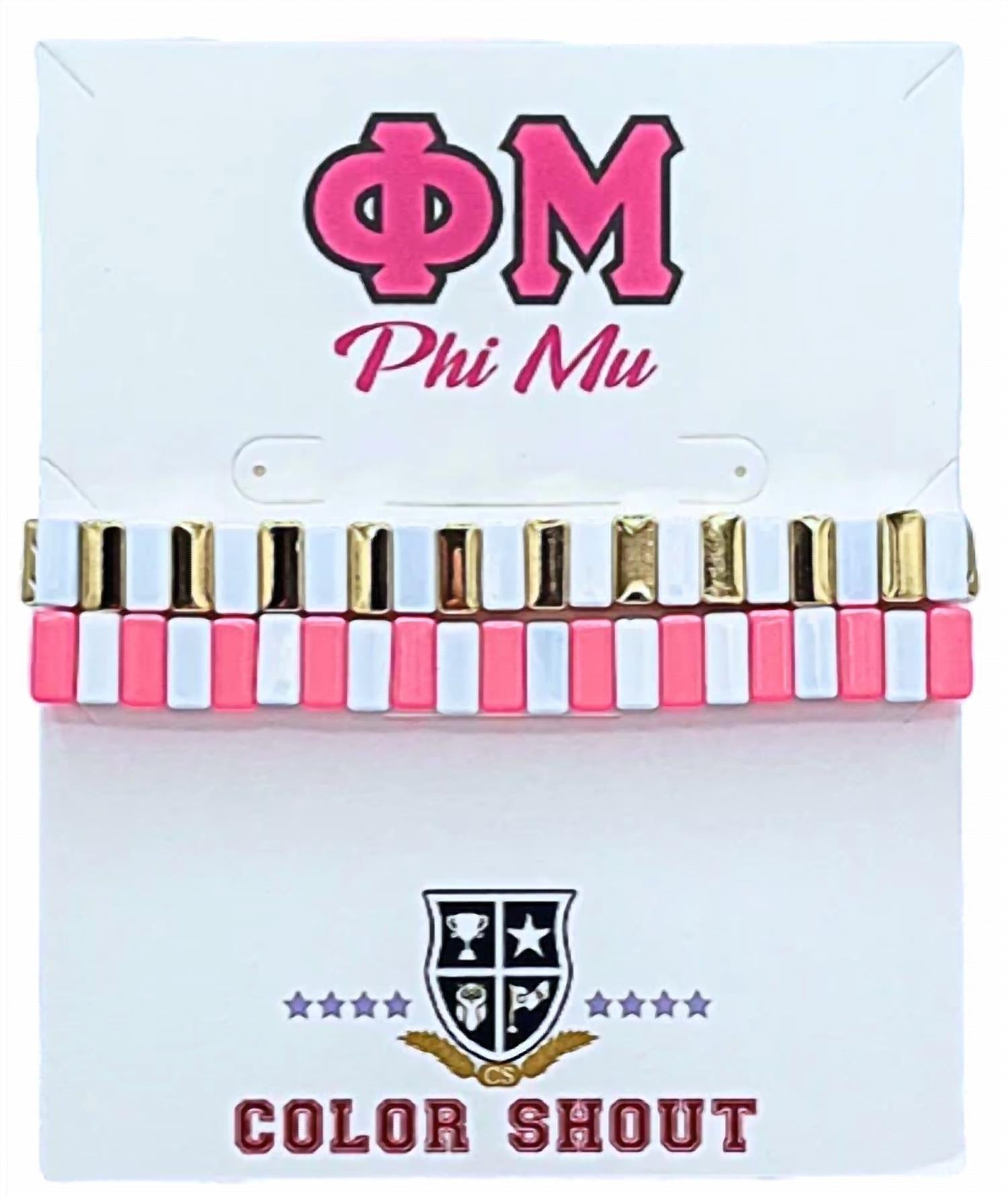 Unisex - Phi Mu Enamel Tile Double Stack Bracelet in Hot Pink/gold/white