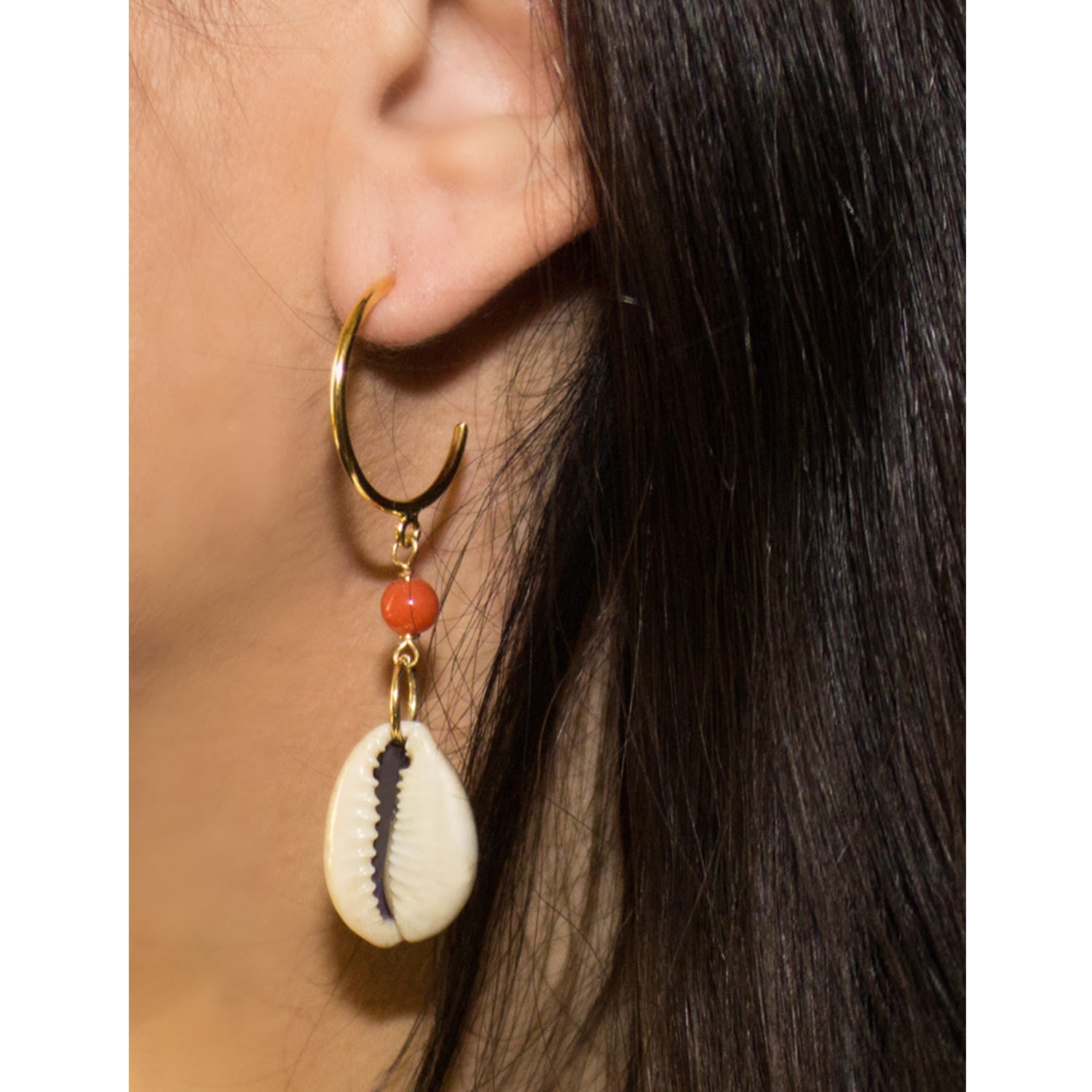 Coral & Cowrie Shell Hoop Earrings
