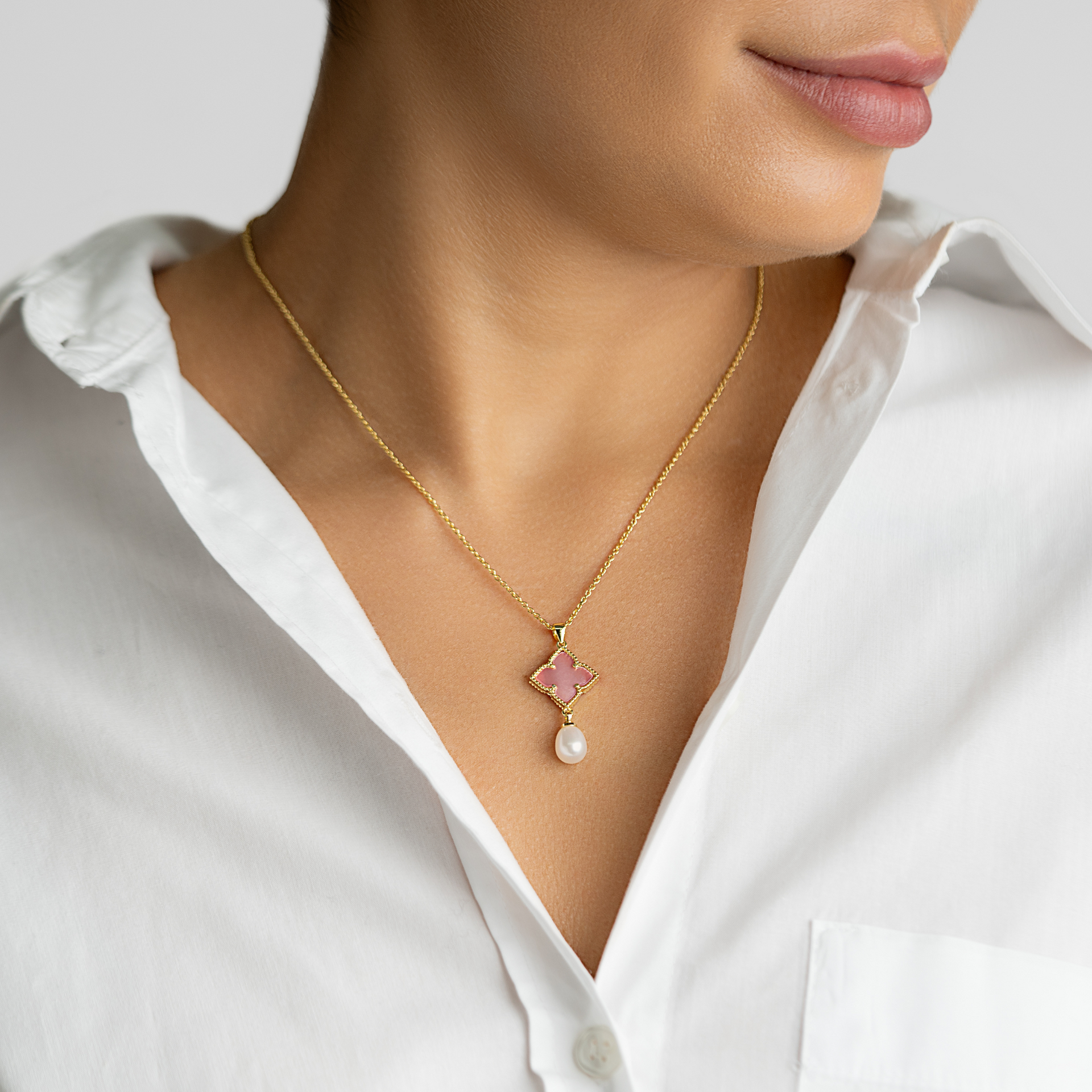 14k Gold Plated Pink Mother-of-Pearl Flower With Freshwater Pearl Drop Necklace