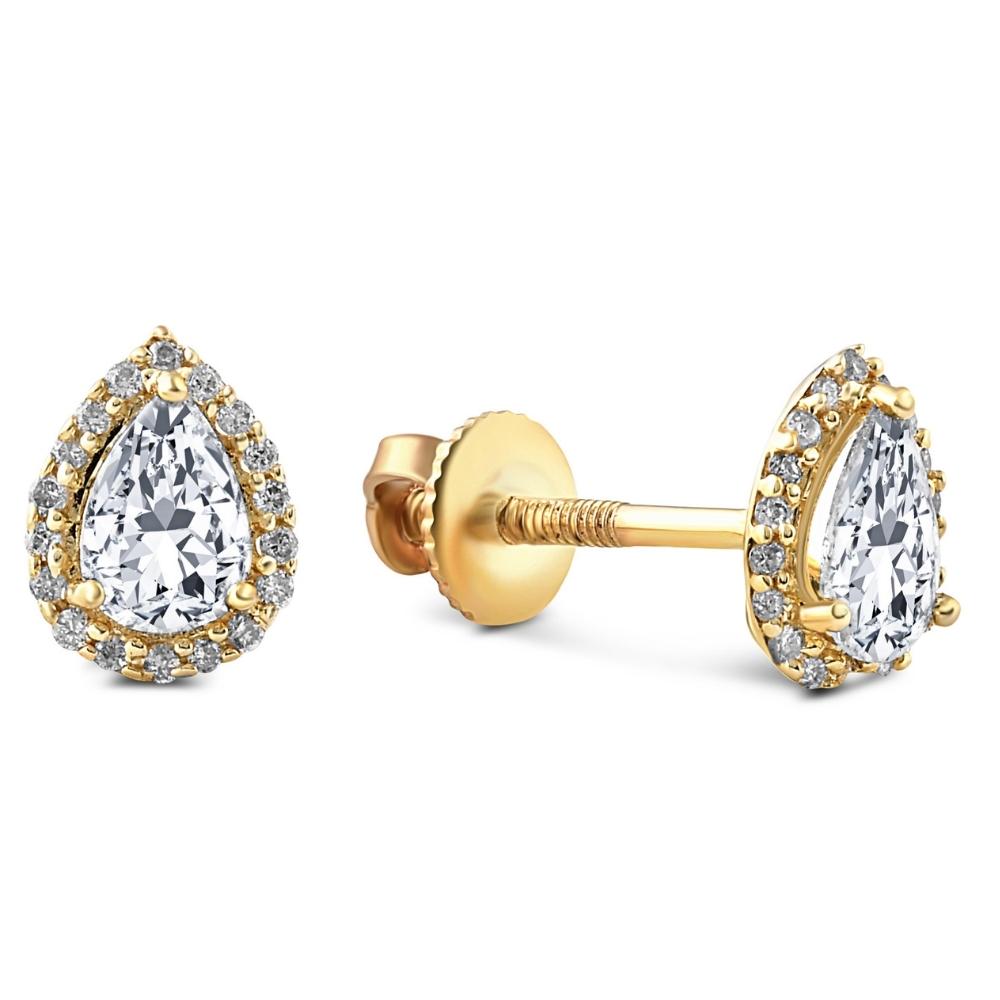 1/2 CT Pear Shaped Halo Screw Back Diamond Studs White or Yellow Gold Earrings