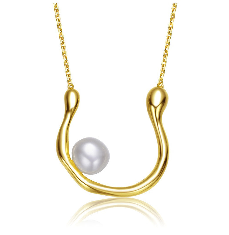 Sterling Silver 14k Gold Plated with Genuine Freshwater Pearl â€œUâ€ Necklace
