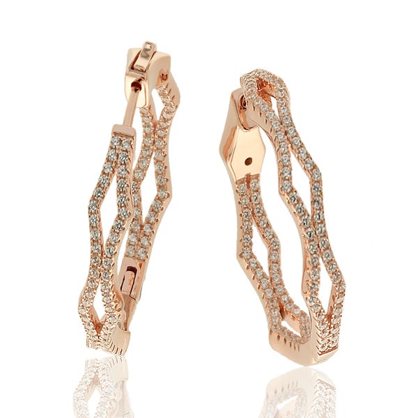 Suzy Levian Rosed Sterling Silver Cubic Zirconia Pave Hoop Earrings