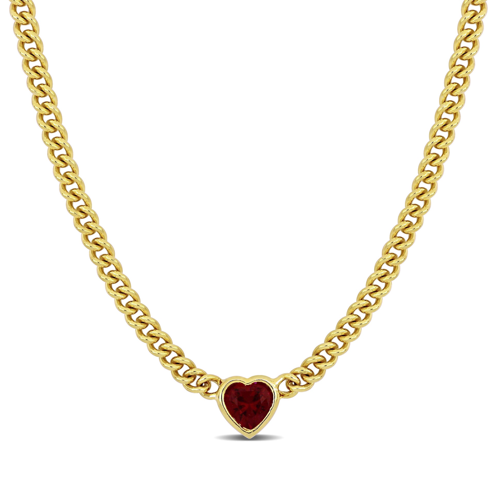 Mimi & Max 2 7/8 CT TGW Heart Shaped Created Ruby Curb Link Necklace in Yellow Silver - 18 in