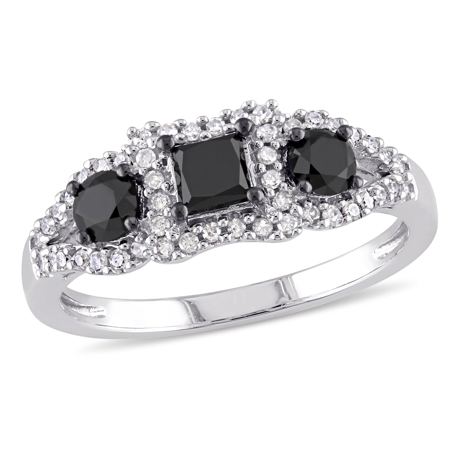 1ct TW Black and White Princess-Cut Diamond 3-Stone Engagement Ring in 10k White Gold