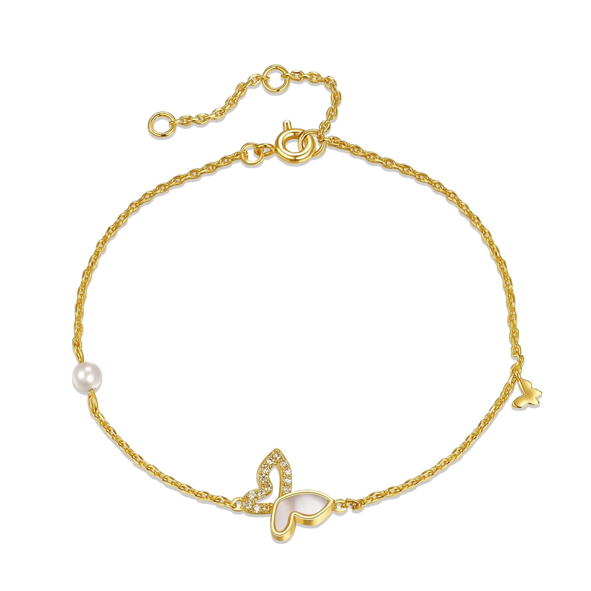 Ra 14k Yellow Gold Plated With Mother Of Pearl & Diamond-like Cubic Zirconia Butterfly Charm Rope Bracelet W/ Adjustable Extension Chain