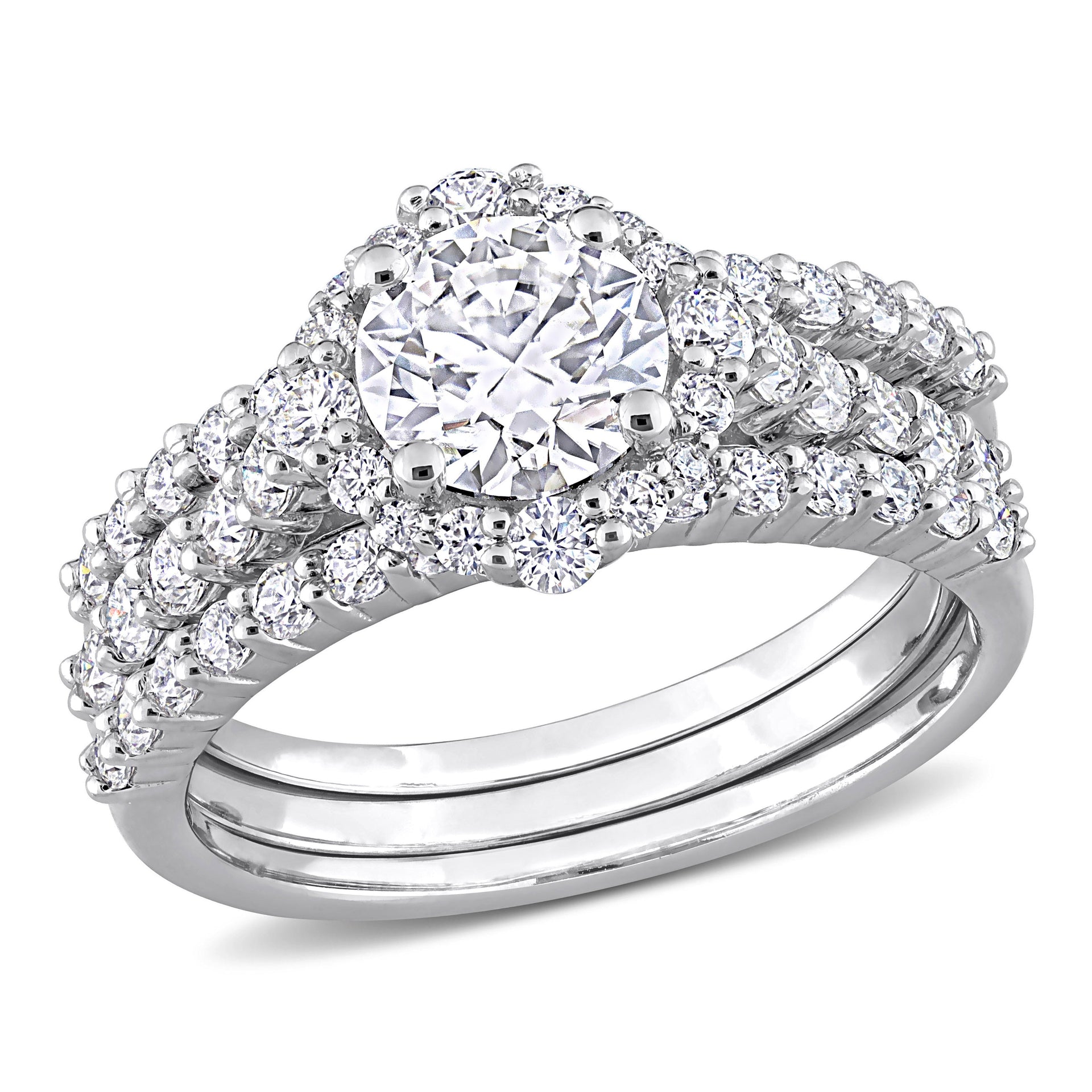 2 ct DEW Created Moissanite Halo Bridal Ring Set in Sterling Silver