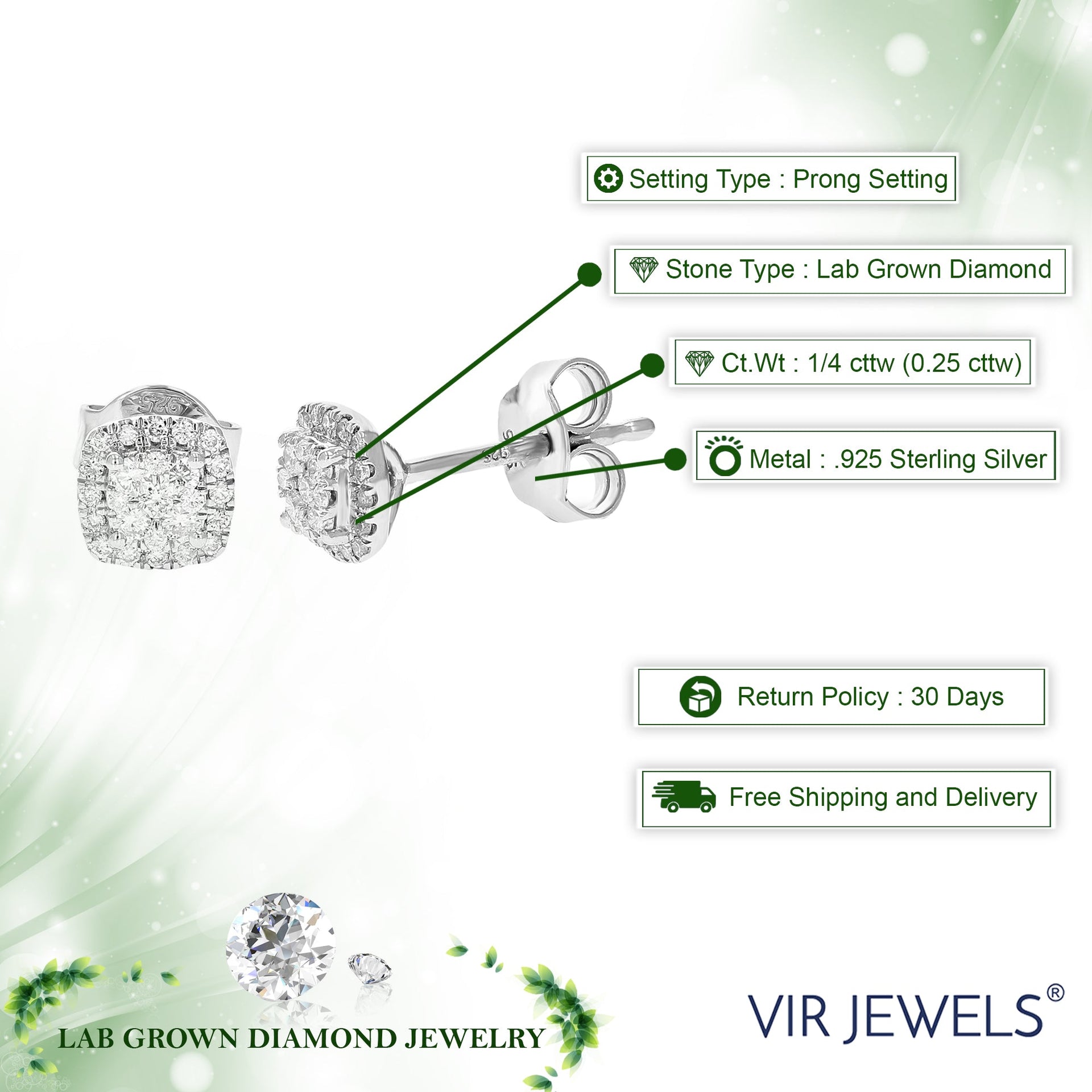 1/4 cttw 50 Stones Round Lab Grown Diamond Studs Earrings .925 Sterling Silver Prong Set Square Shape