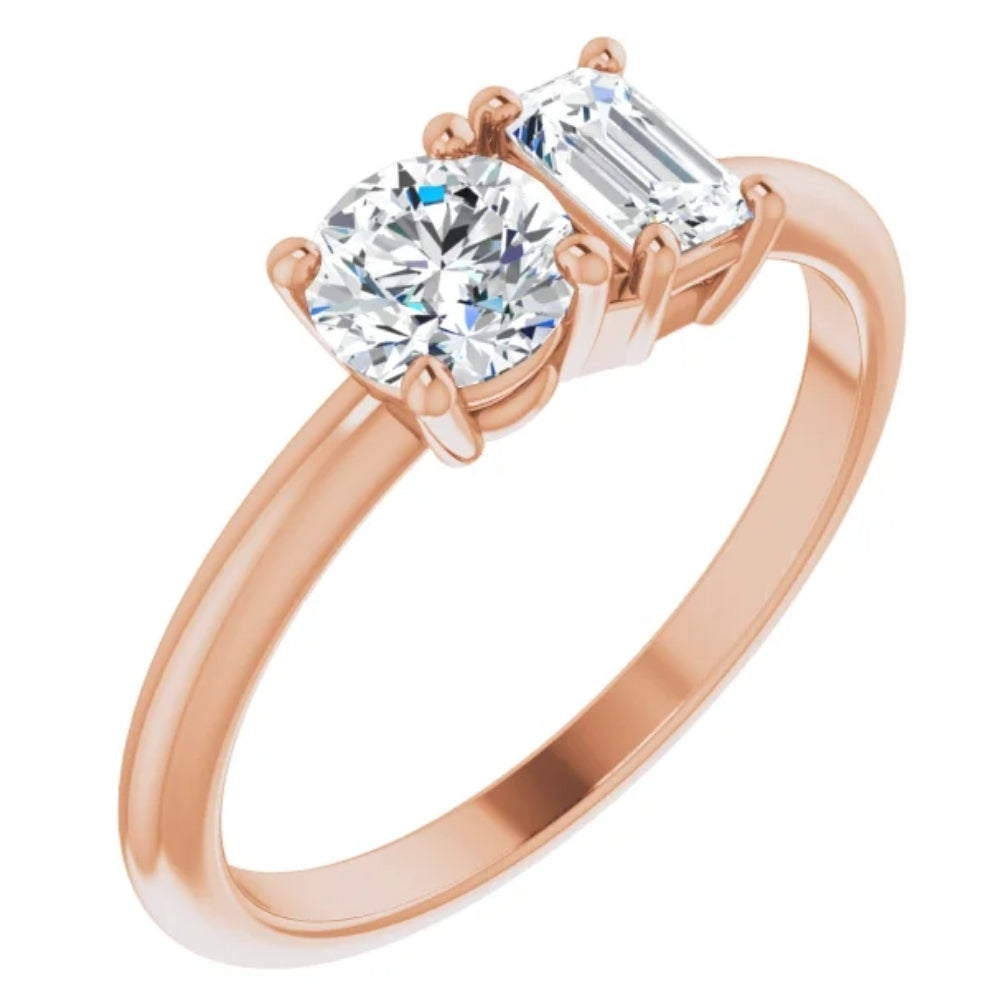 1Ct Two Stone Moissanite Emerald Round Engagement Ring White Yellow or Rose Gold