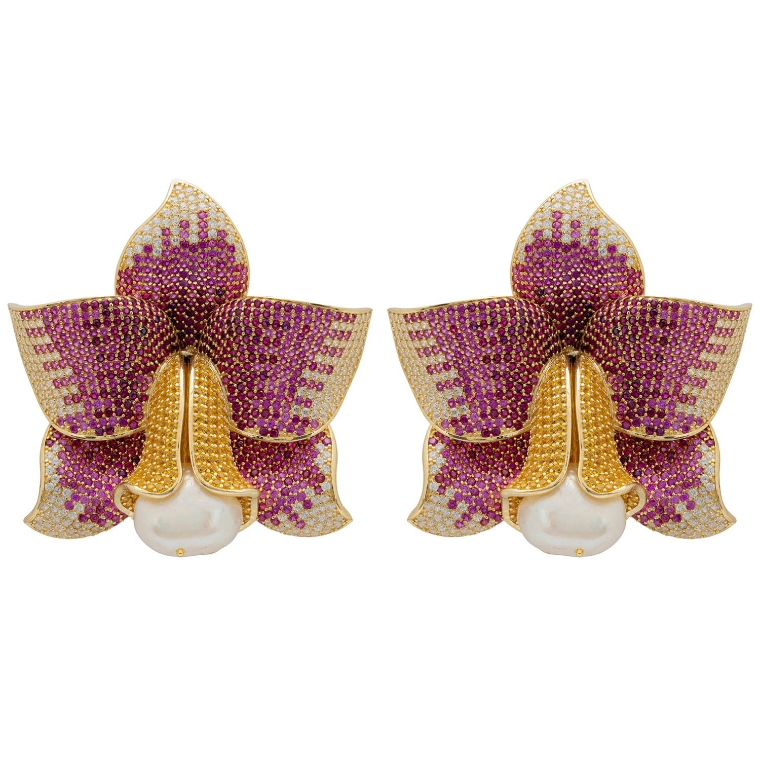 Daffodil With Pearl Clip On Earrings Gold Ruby Cz