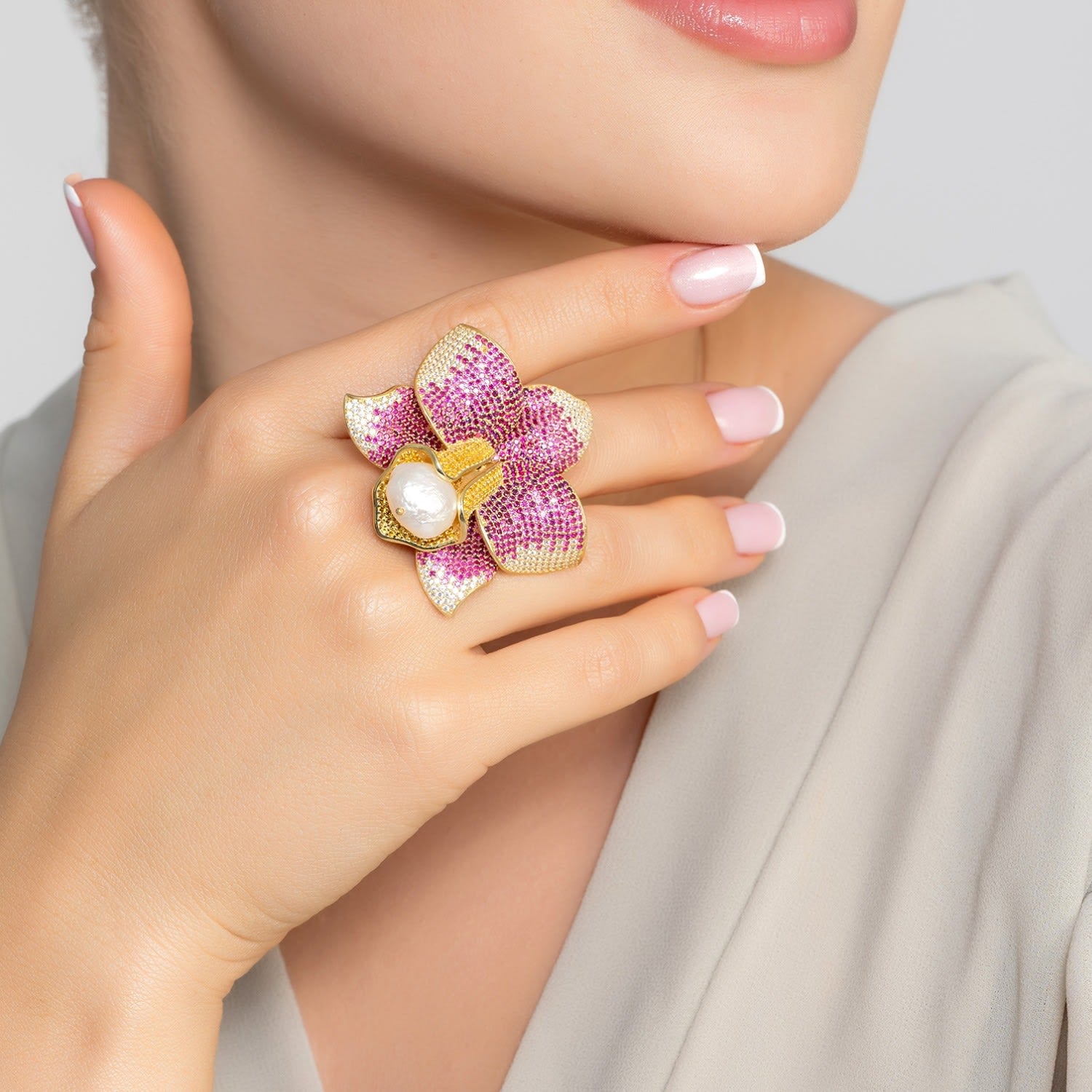 Daffodil With Pearl Cocktail Ring Gold Ruby Cz