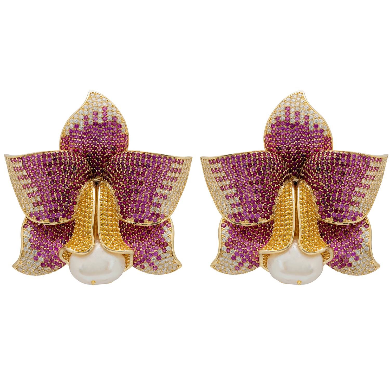 Daffodil With Pearl Earrings Gold Ruby Cz