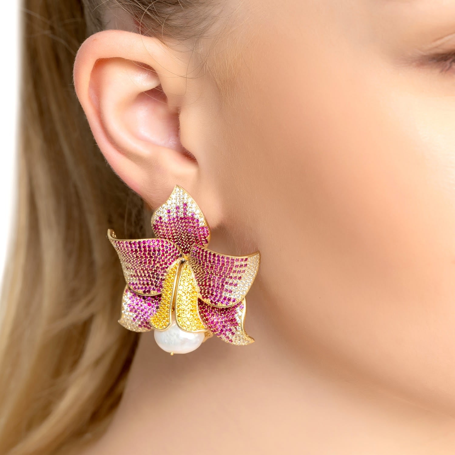Daffodil With Pearl Clip On Earrings Gold Ruby Cz