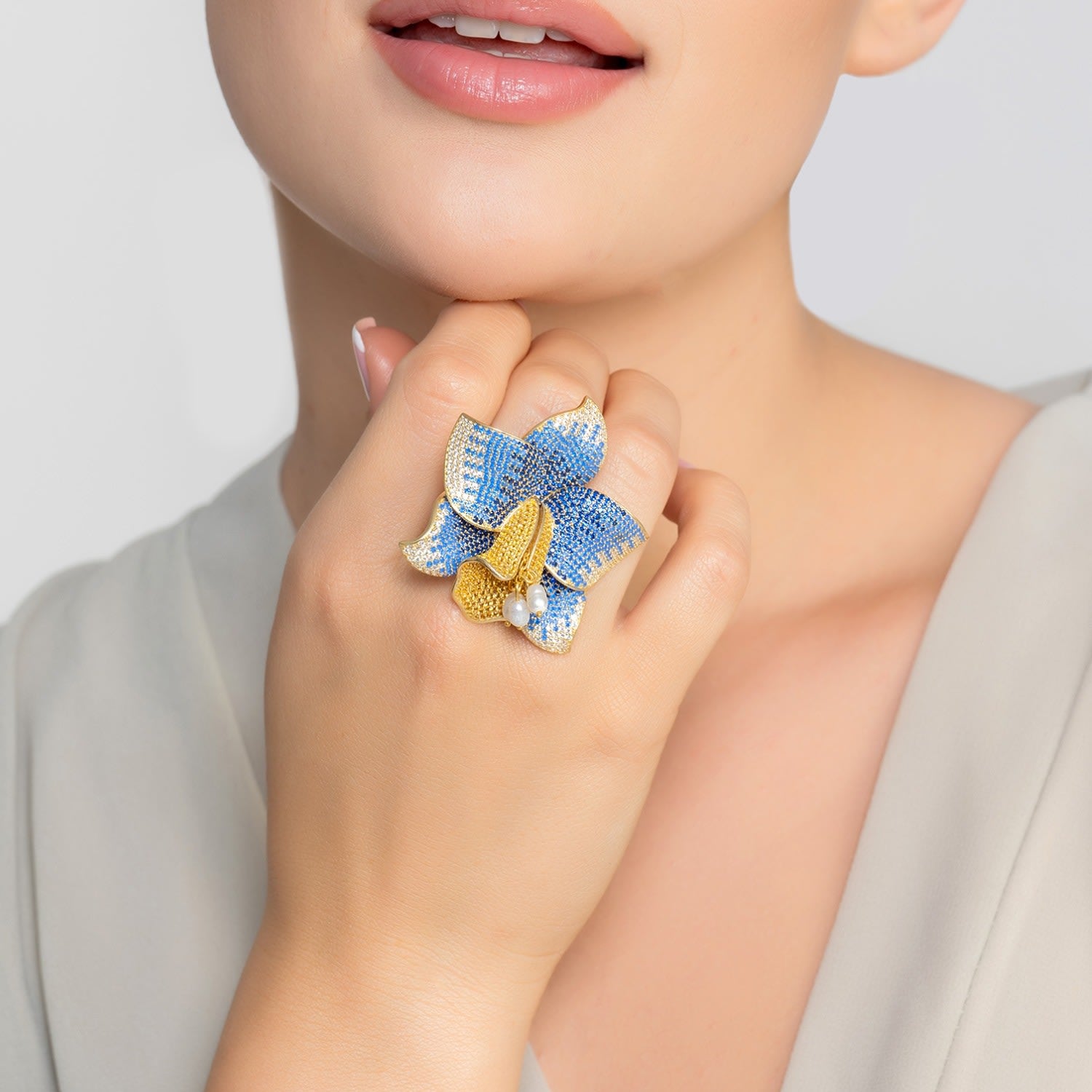 Daffodil With Pearls Cocktail Ring Gold Sapphire Cz