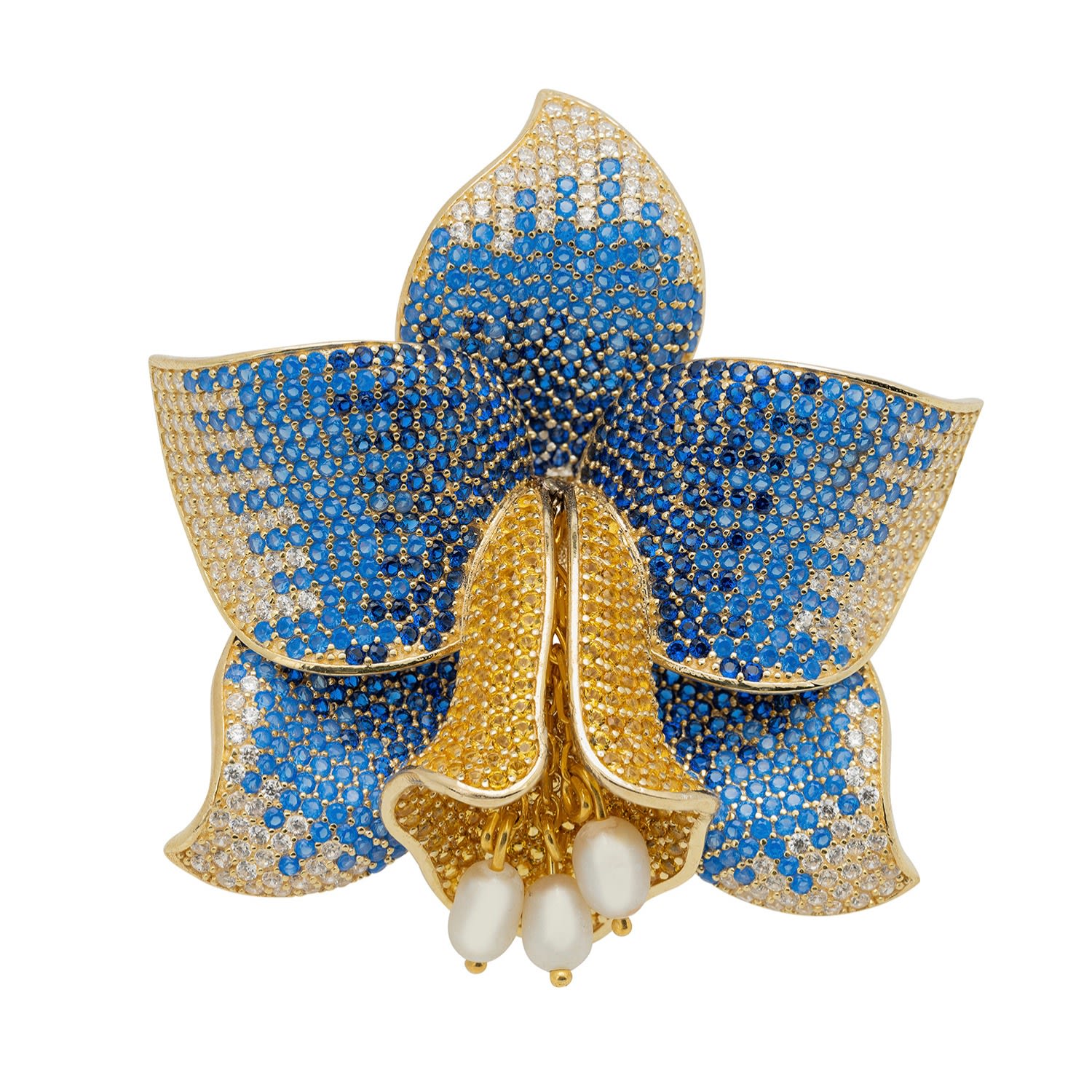 Daffodil With Pearls Cocktail Ring Gold Sapphire Cz