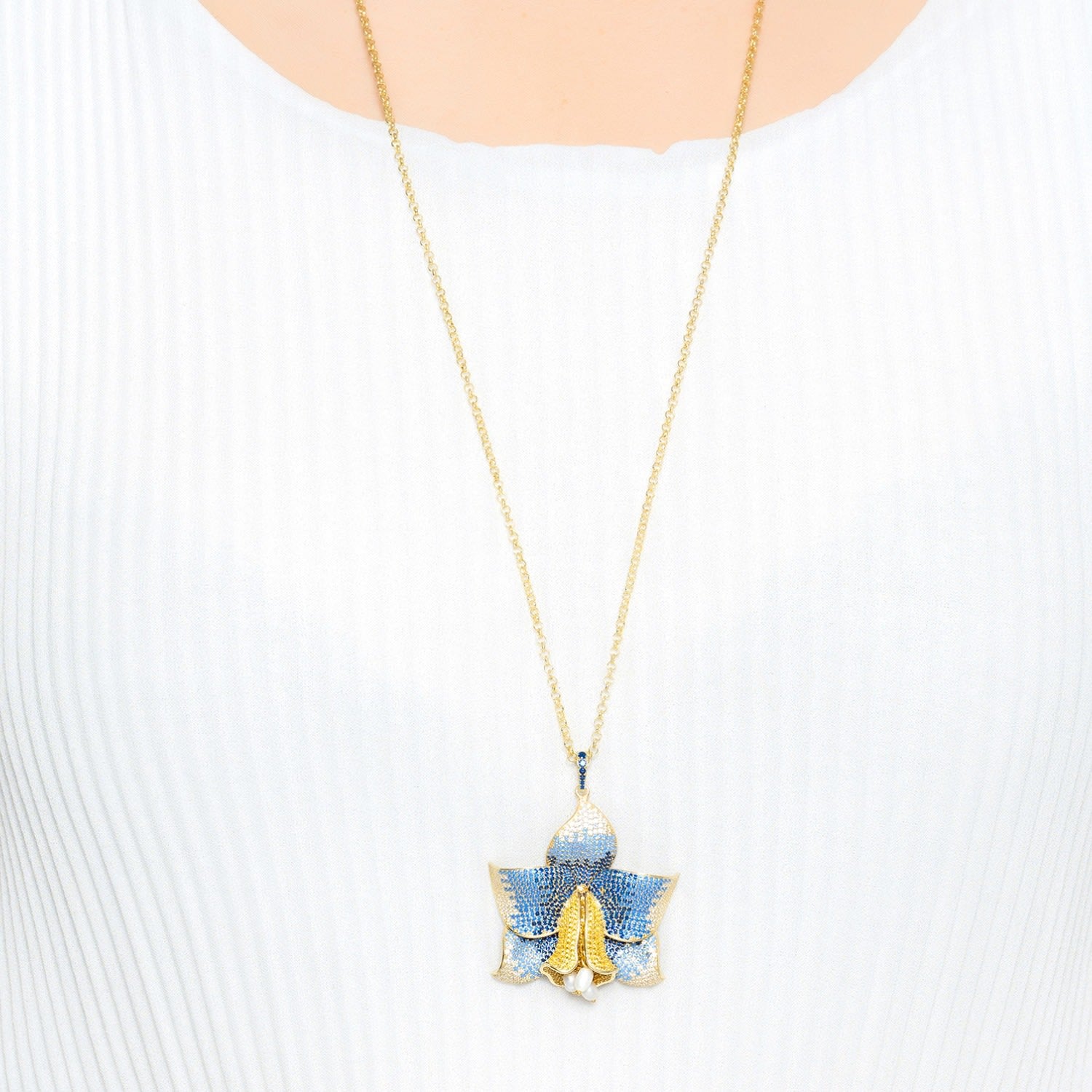 Daffodil With Pearls Pendant Necklace Gold Sapphire Cz