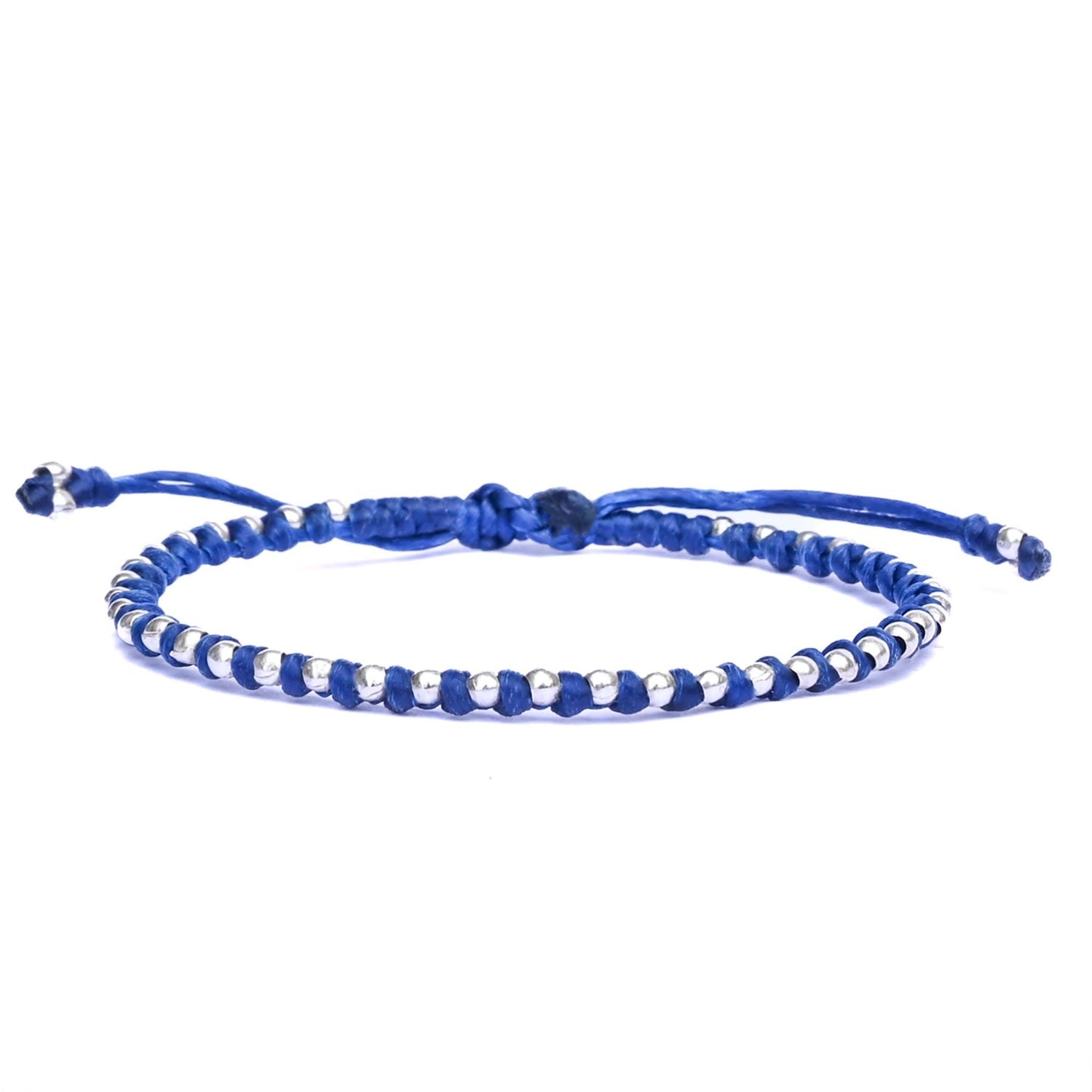 Dainty Blue Handmade Friendship Bracelet With Tiny Silver Beads - Spitafields