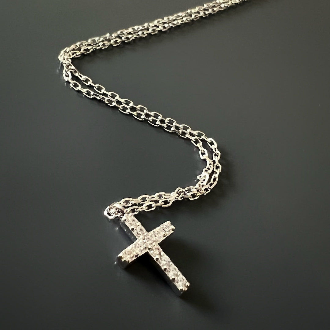 Dainty Diamond Cross Necklace - Silver