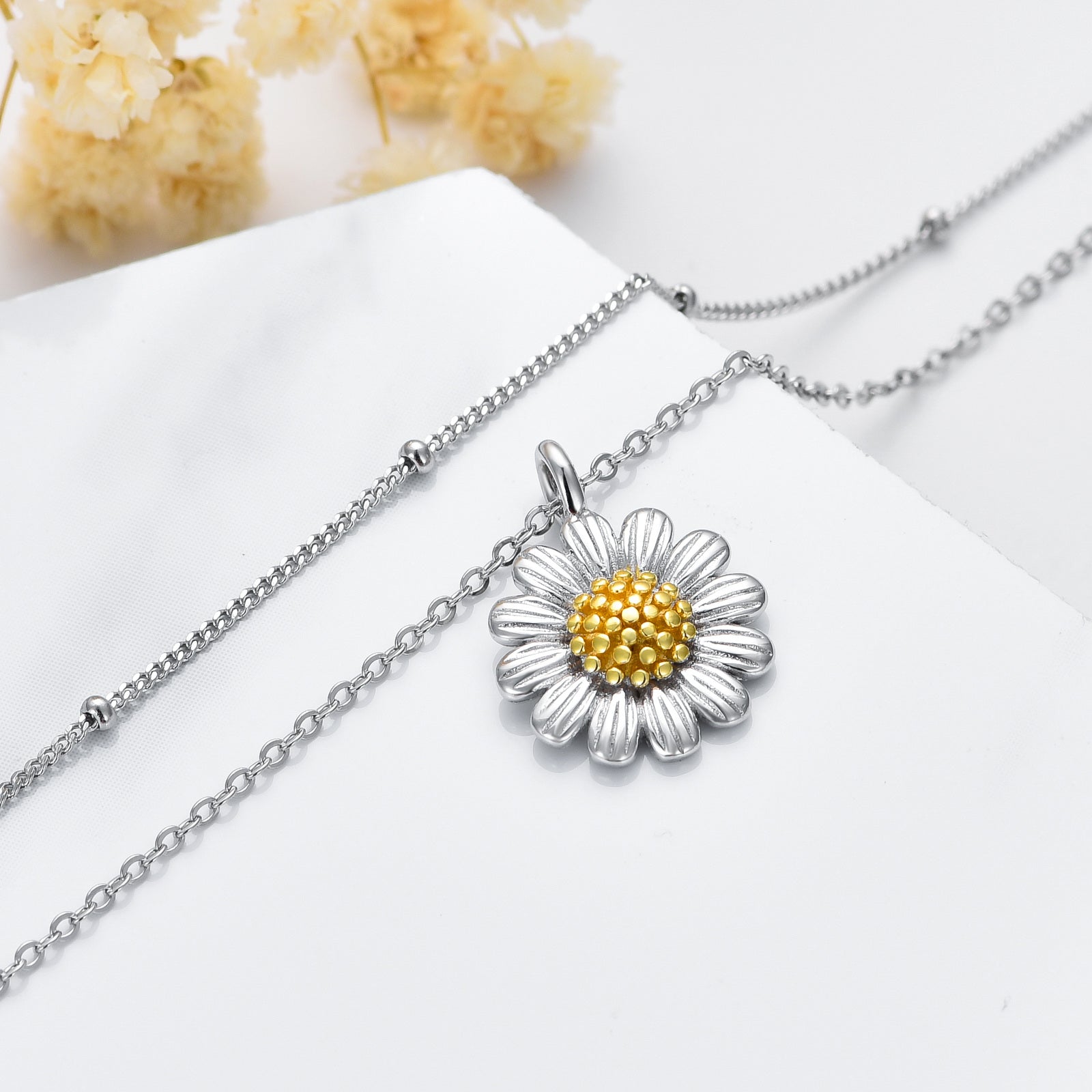 Sterling Silver Two-tone Sunflower Layered Necklace for Women