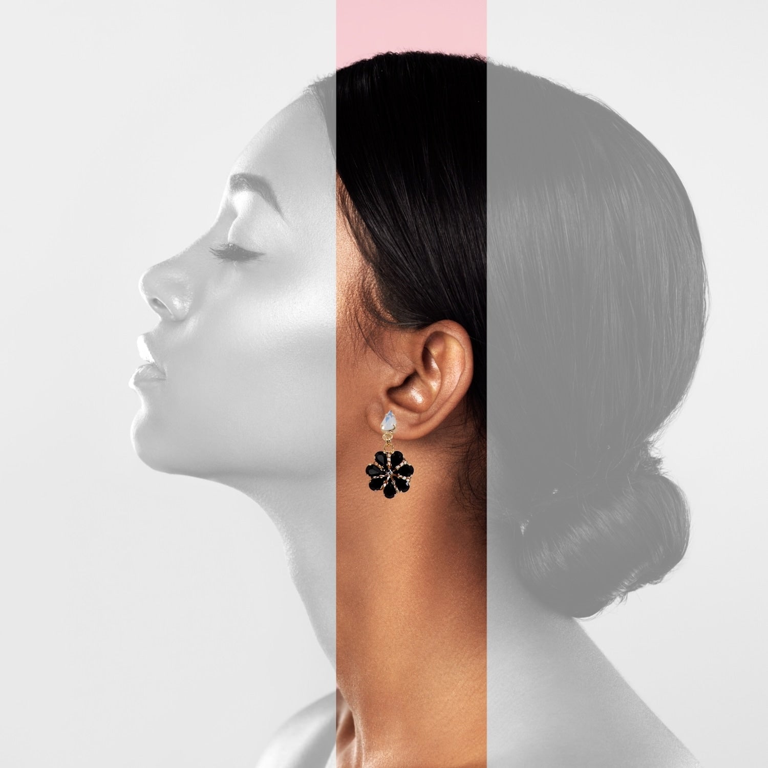 Daisy Pendant Earrings With Crystal Drops In Onyx And Opal Colours.