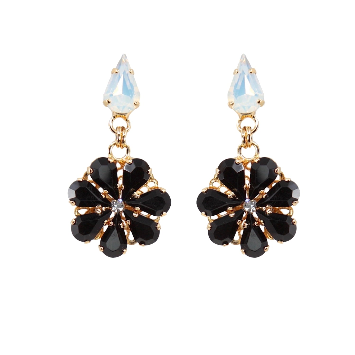 Daisy Pendant Earrings With Crystal Drops In Onyx And Opal Colours.
