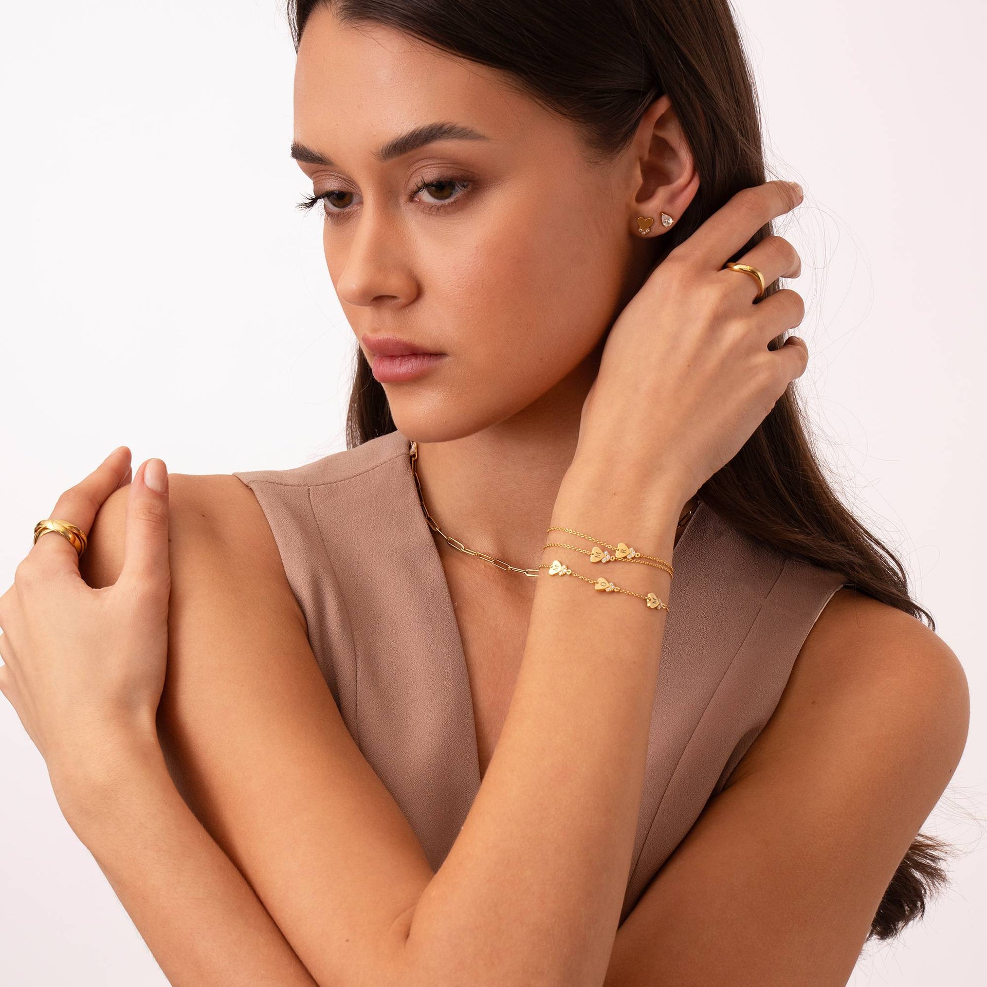 Dakota Heart Initial Bracelet with Diamonds in 18K Gold Plating
