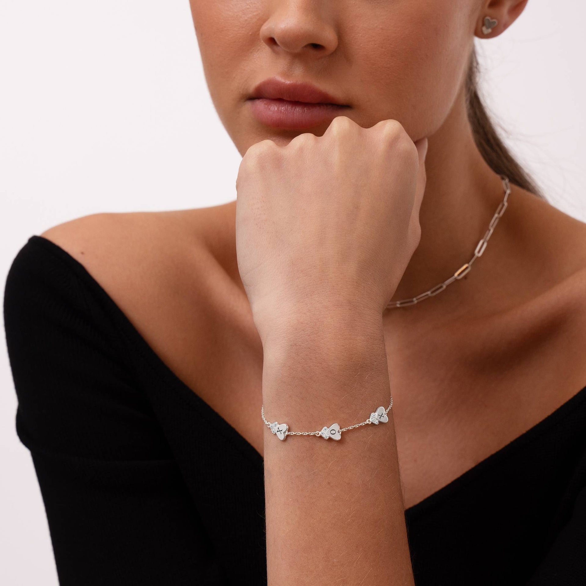 Dakota Heart Initial Bracelet with Diamonds in Sterling Silver