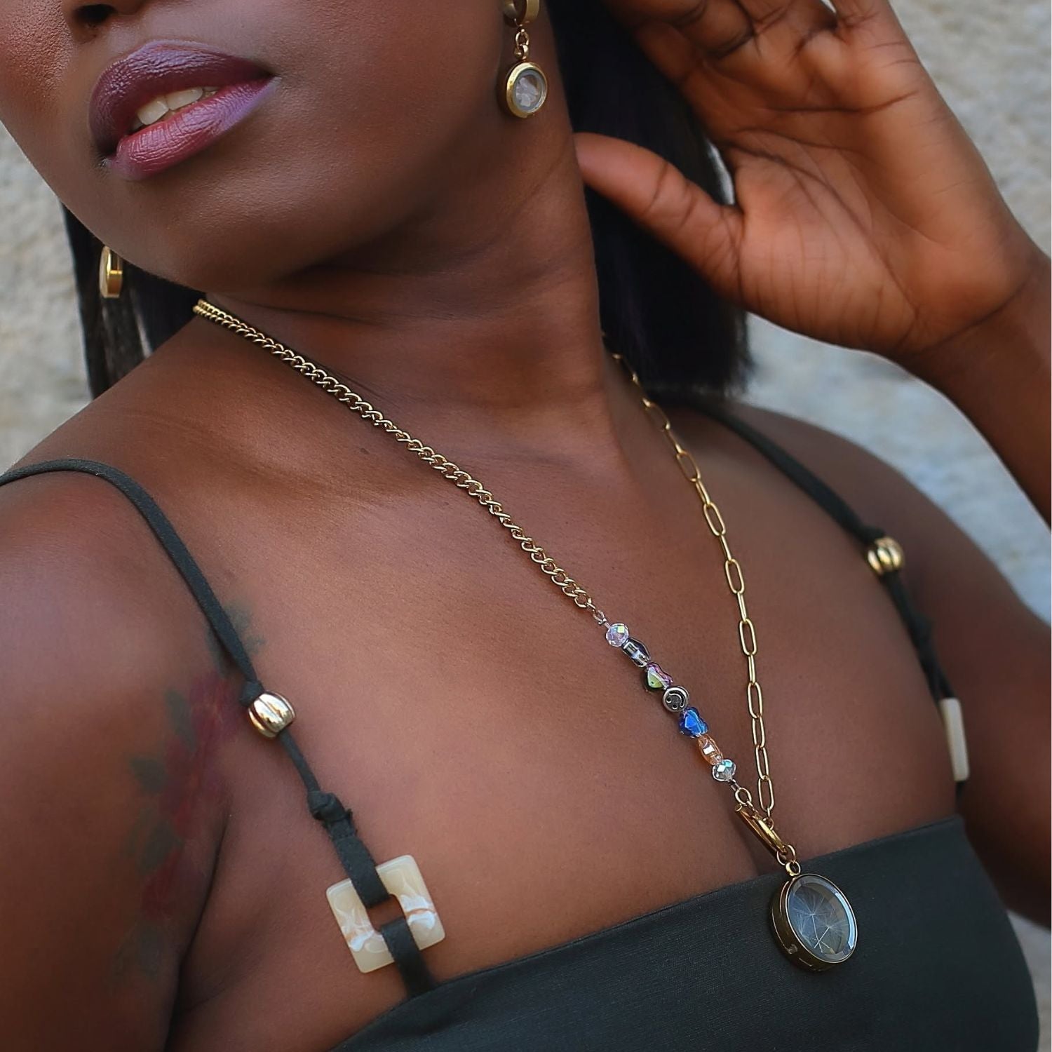 Dandelion Necklace With Snowflake Obsidian Beaded Gold Plated Chain And Toggle Clasp