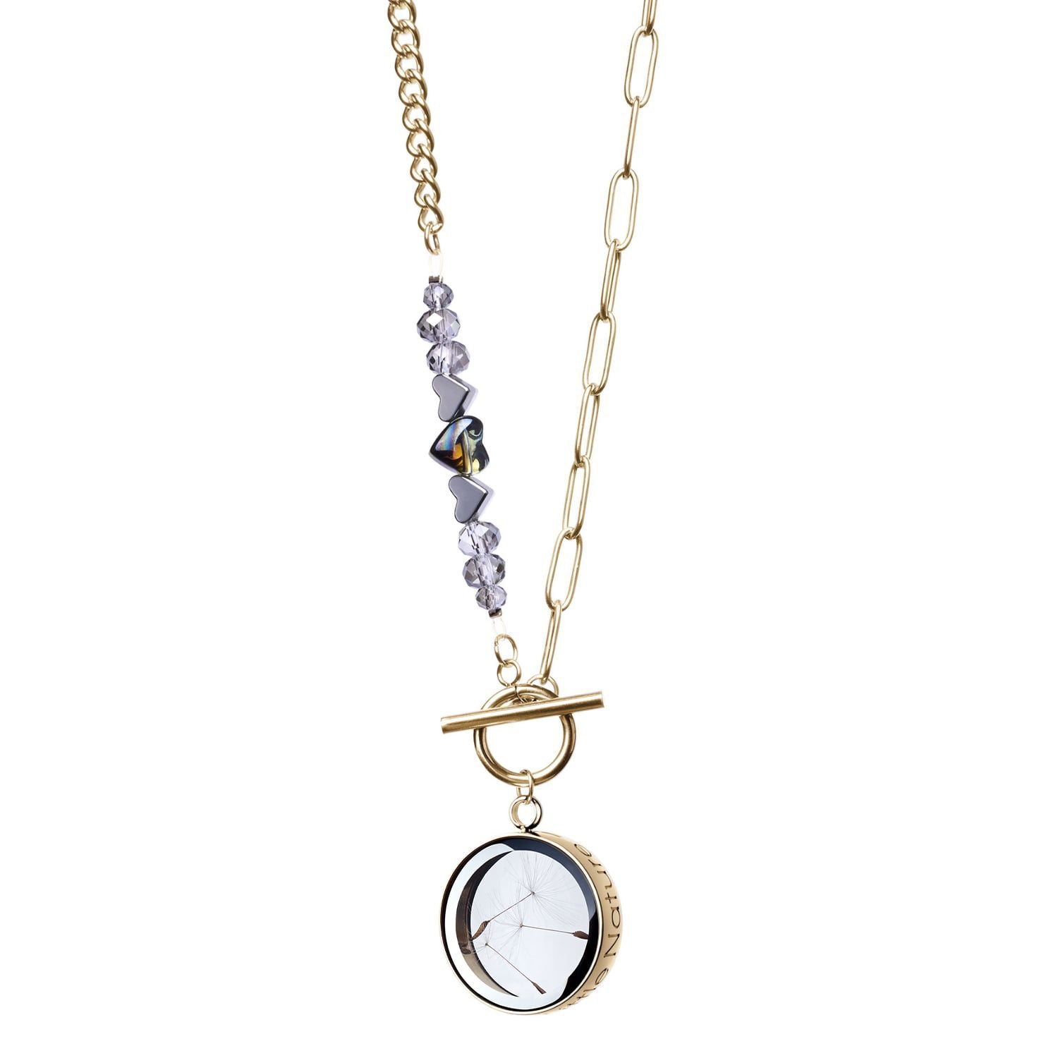 Dandelion Necklace With Snowflake Obsidian Beaded Gold Plated Chain And Toggle Clasp