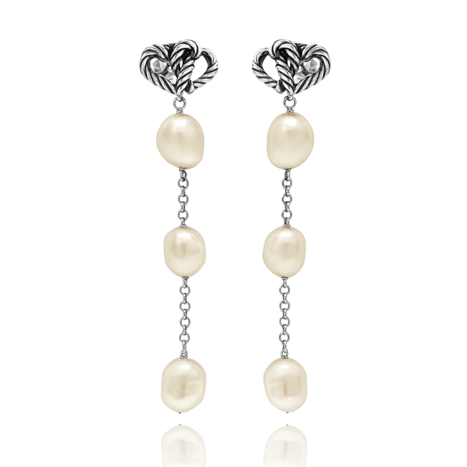 Dangle Earrings With Intertwined Double Hearts And Baroque Pearls – Antiqued Sterling Silver – Jewellery For Women