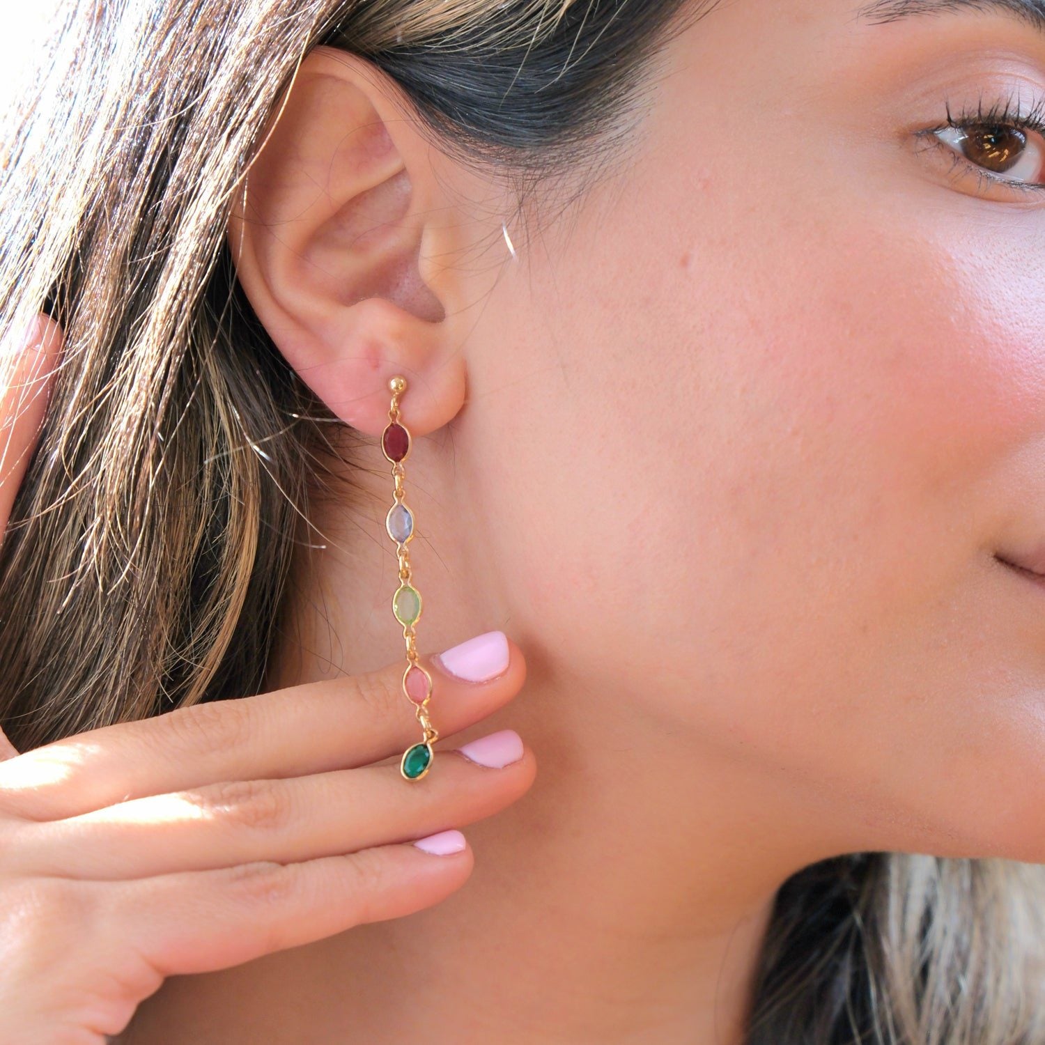 Dangle Multi Gemstone Crystal Drop Gold Plated Earrings