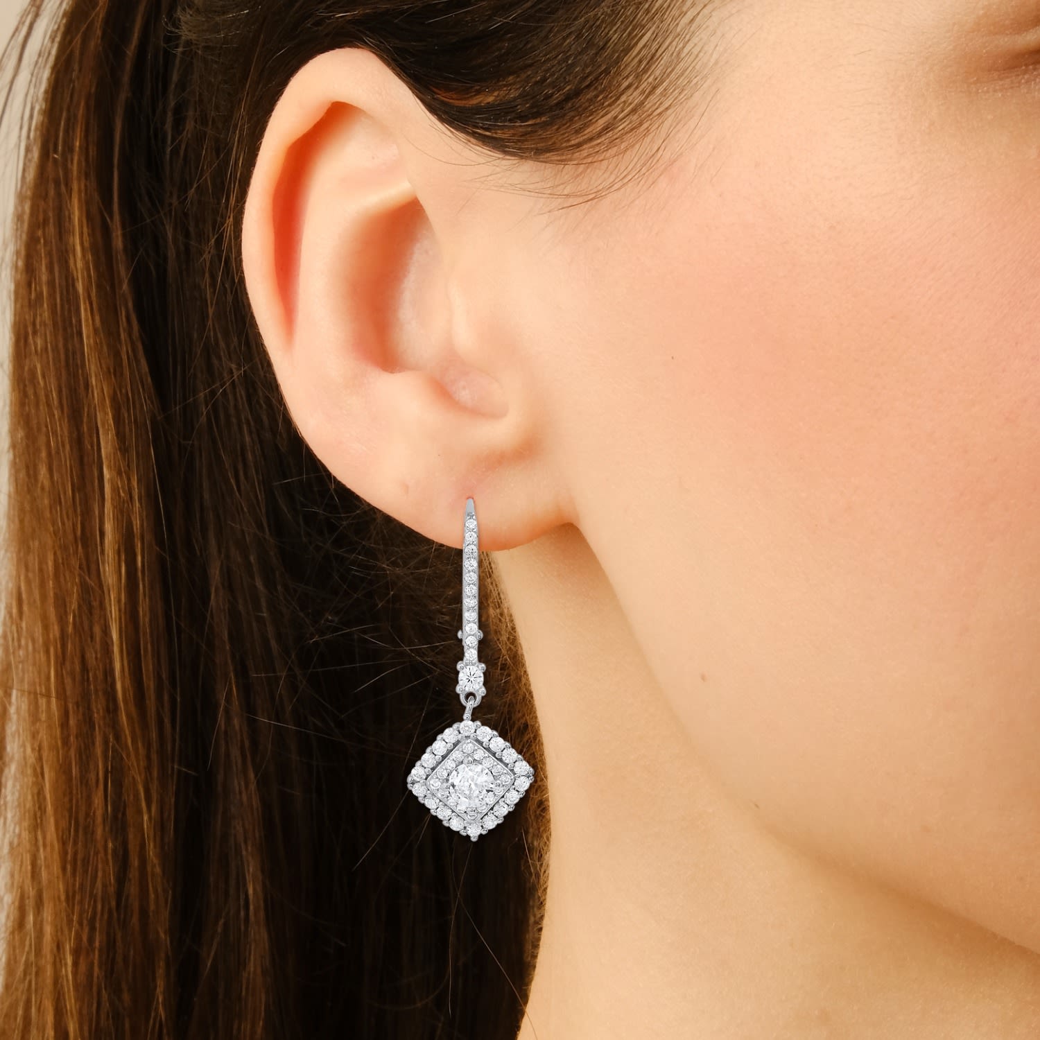 Dangling Diamond Cz Halo Leverback Earrings In Sterling Silver