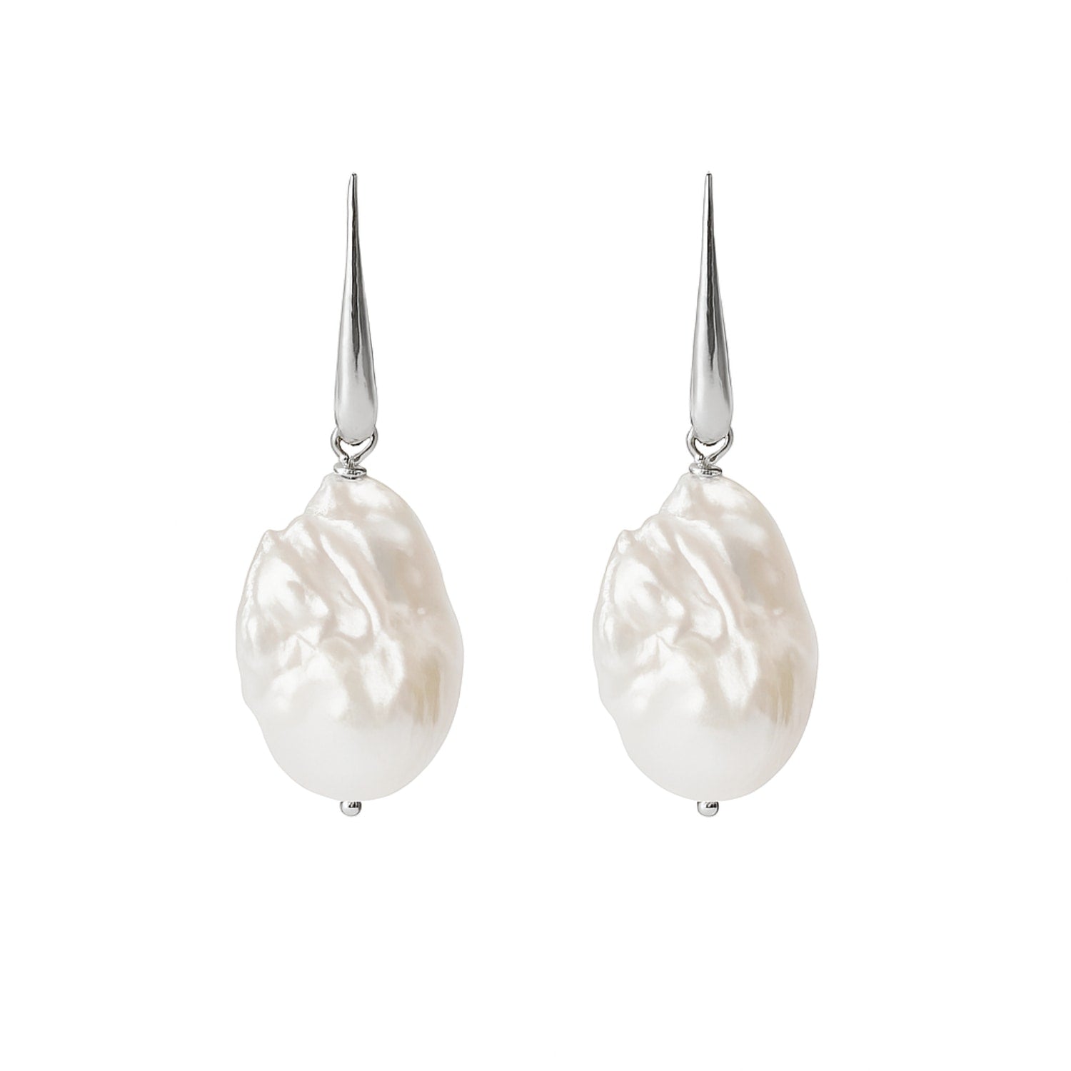 Dangling Earrings With Natural Baroque Pearls And Sterling Silver Drop