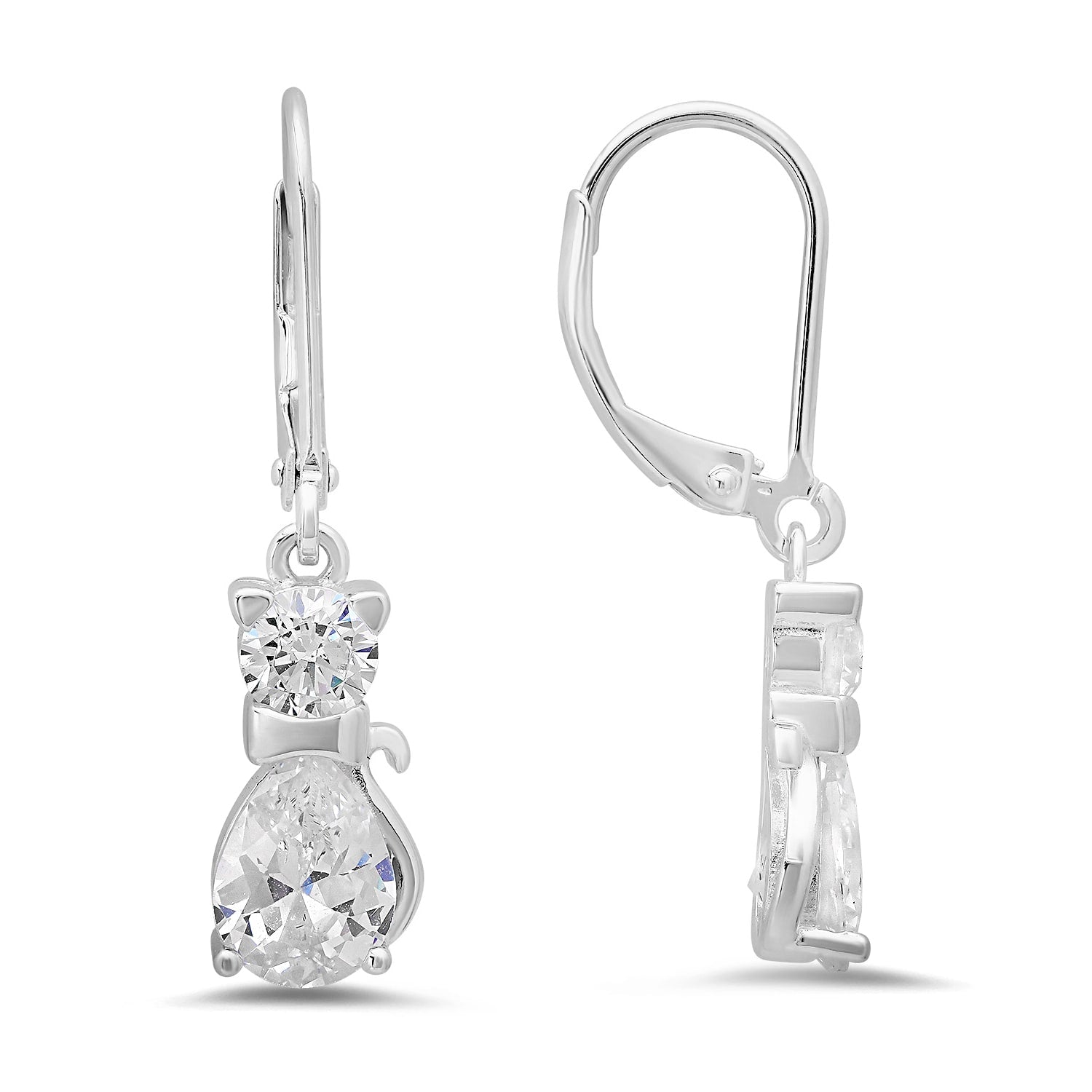 Dangling Kitty Cat Diamond Cz Leverback Earrings In Sterling Silver