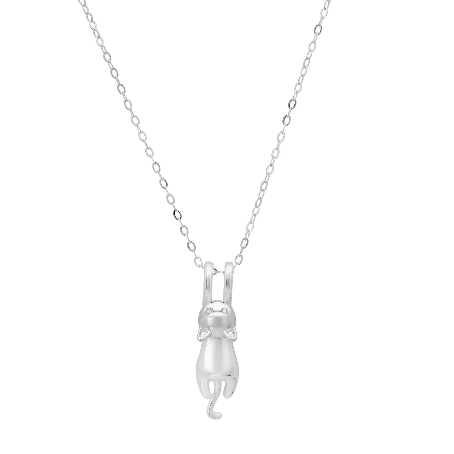 Dangling Kitty Cat Pendant Necklace In Sterling Silver