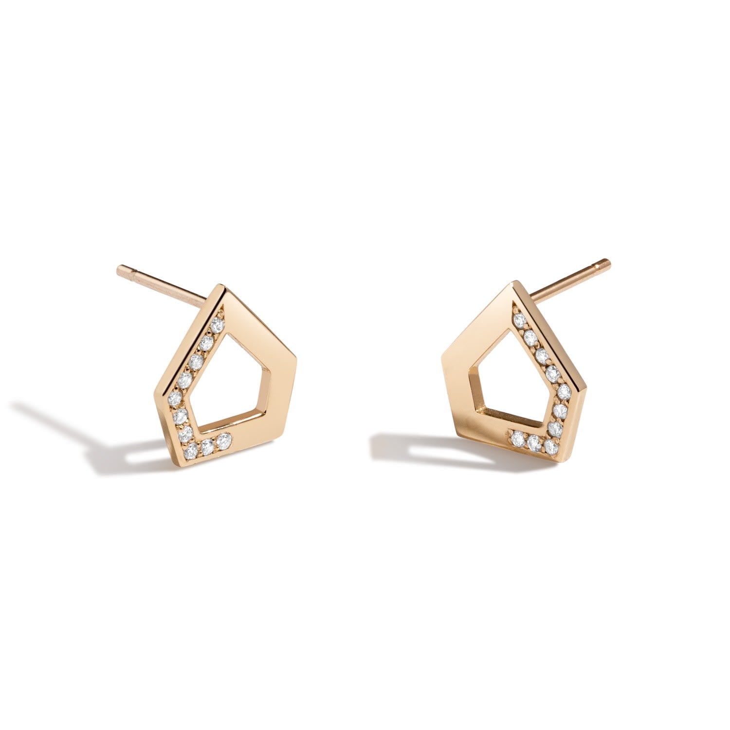 Dare To Dream Earrings - Solid 14K Gold Angular Stud Earrings With Diamond Mirror Pavè