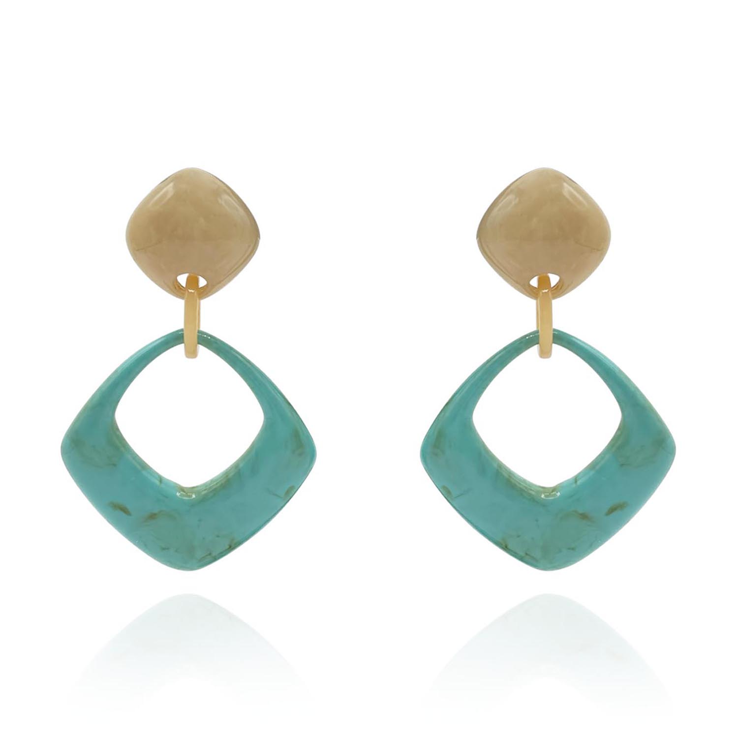Dark Ivory Soft Square Top Clip-On Earrings With Turquoise Square Bottom