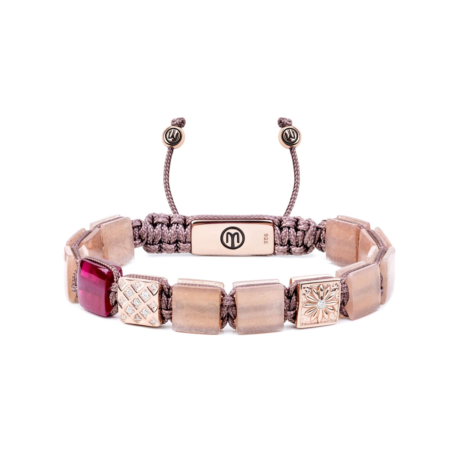 Dark Mauve Macráme Bracelet With Peach Moonstone & Ruby In Rose Gold