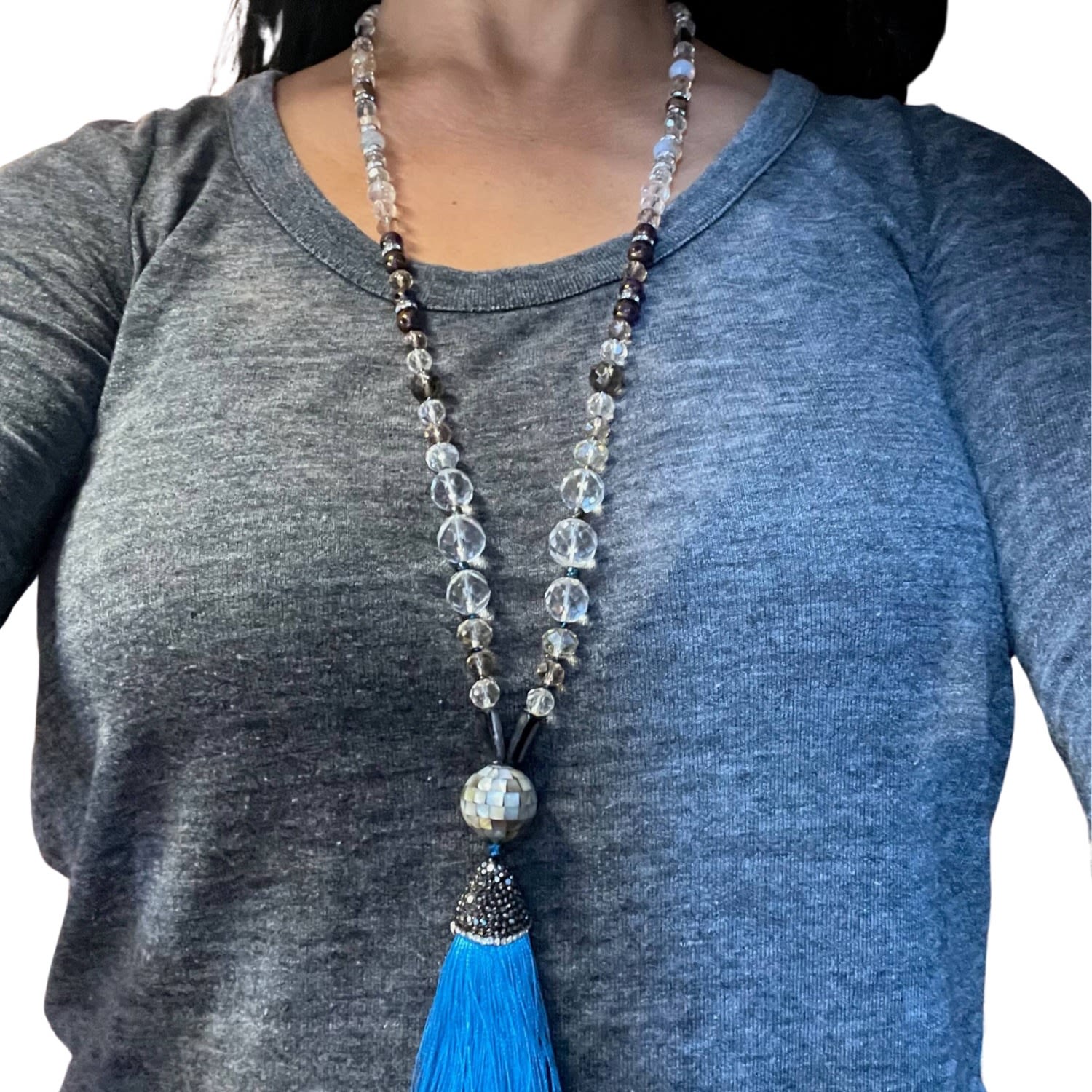Darla Quartz Crystal Blue Tassel Necklace