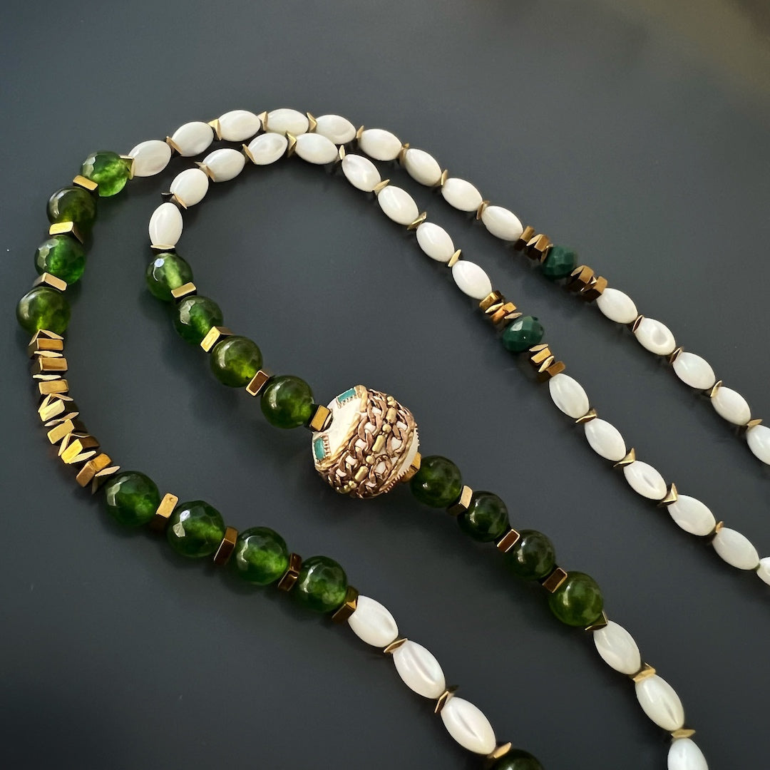 Jade & Amethyst Gemstone Handmade Angel Pendant Beaded Necklace - Green