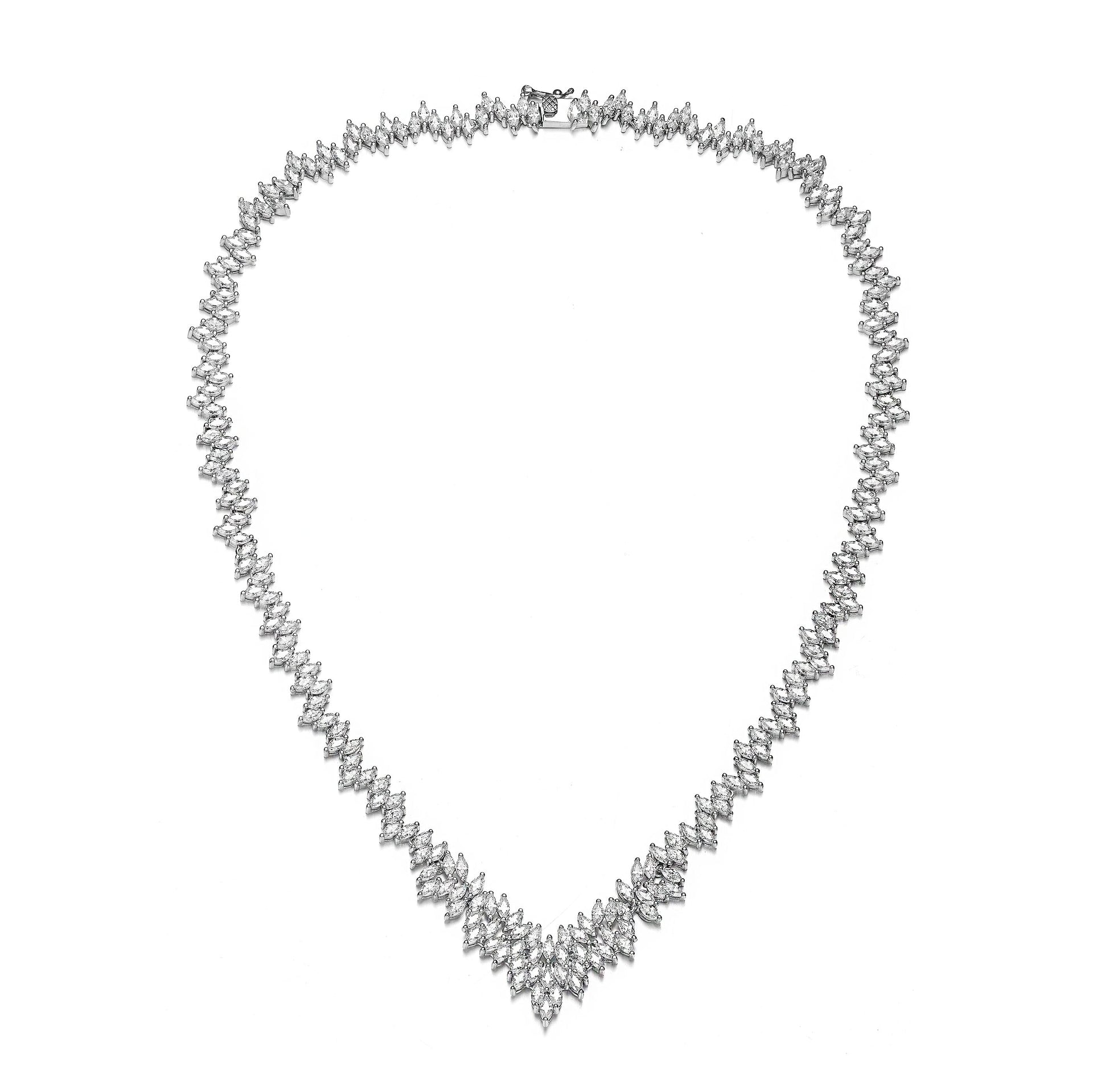 Sterling Silver With White Gold Plated Clear Marquise Cubic Zirconia Cluster Necklace