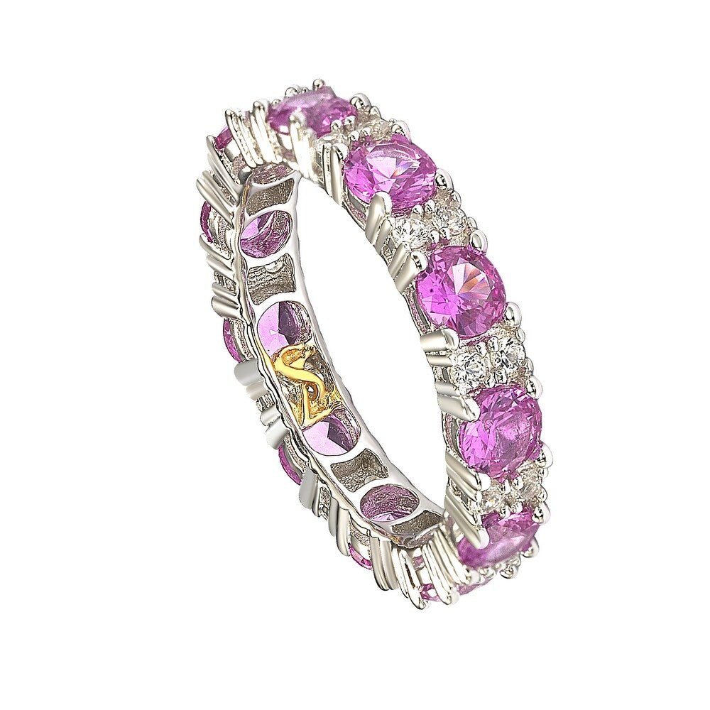 Suzy Levian Sterling Silver Round Cut Pink Sapphire and Diamond Accent Eternity Band