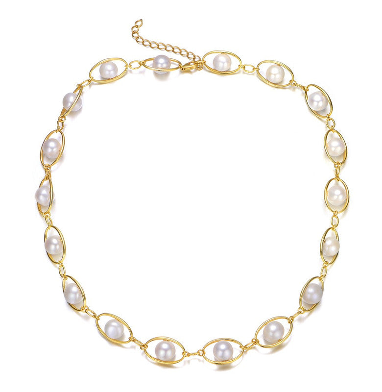 Sterling Silver 14k Gold Plated Genuine Freshwater Pearl Oval Link Necklace