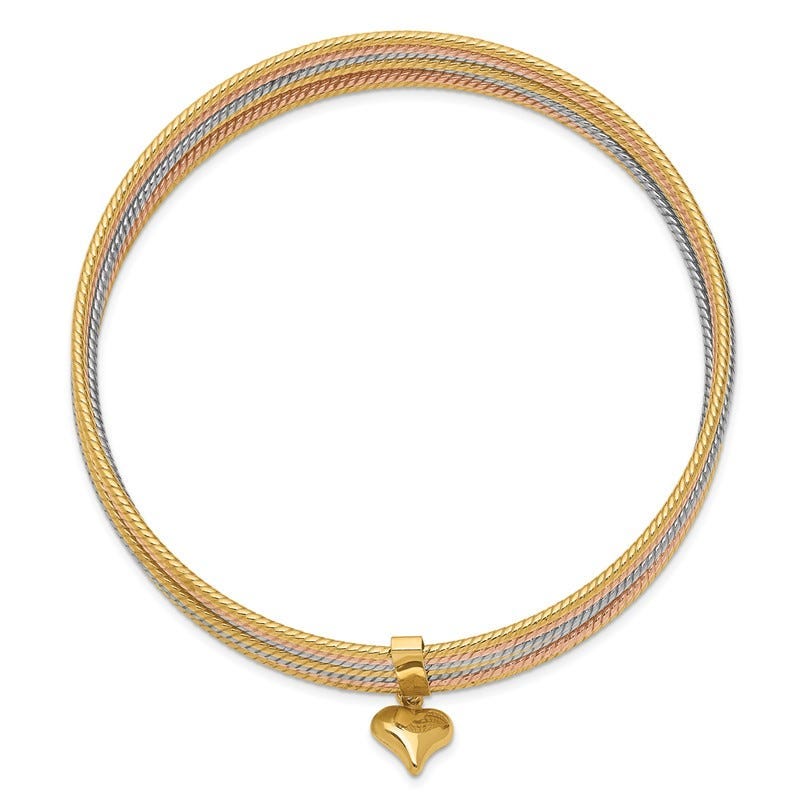 14K Tri-color w/ Dangle Heart Oversized Set of 7 Textured Slip-on Bangles