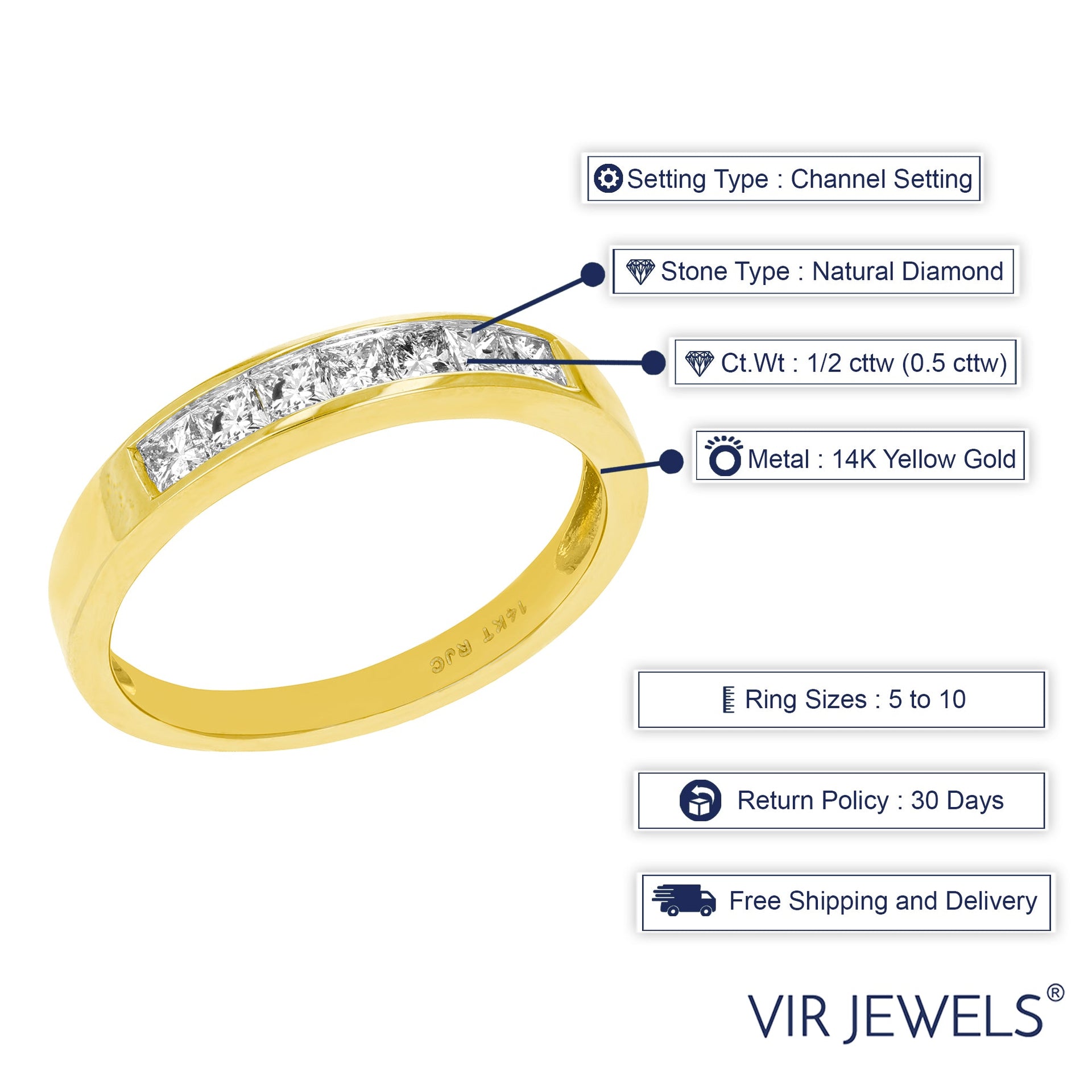1/2 cttw Princess Diamond Wedding Band 14K Yellow Gold 7 Stones Channel