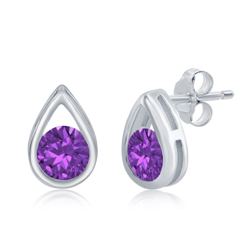 Sterling Silver Pearshaped Earrings W/Round 'February Birthstone' Gemstone Studs - Amethyst