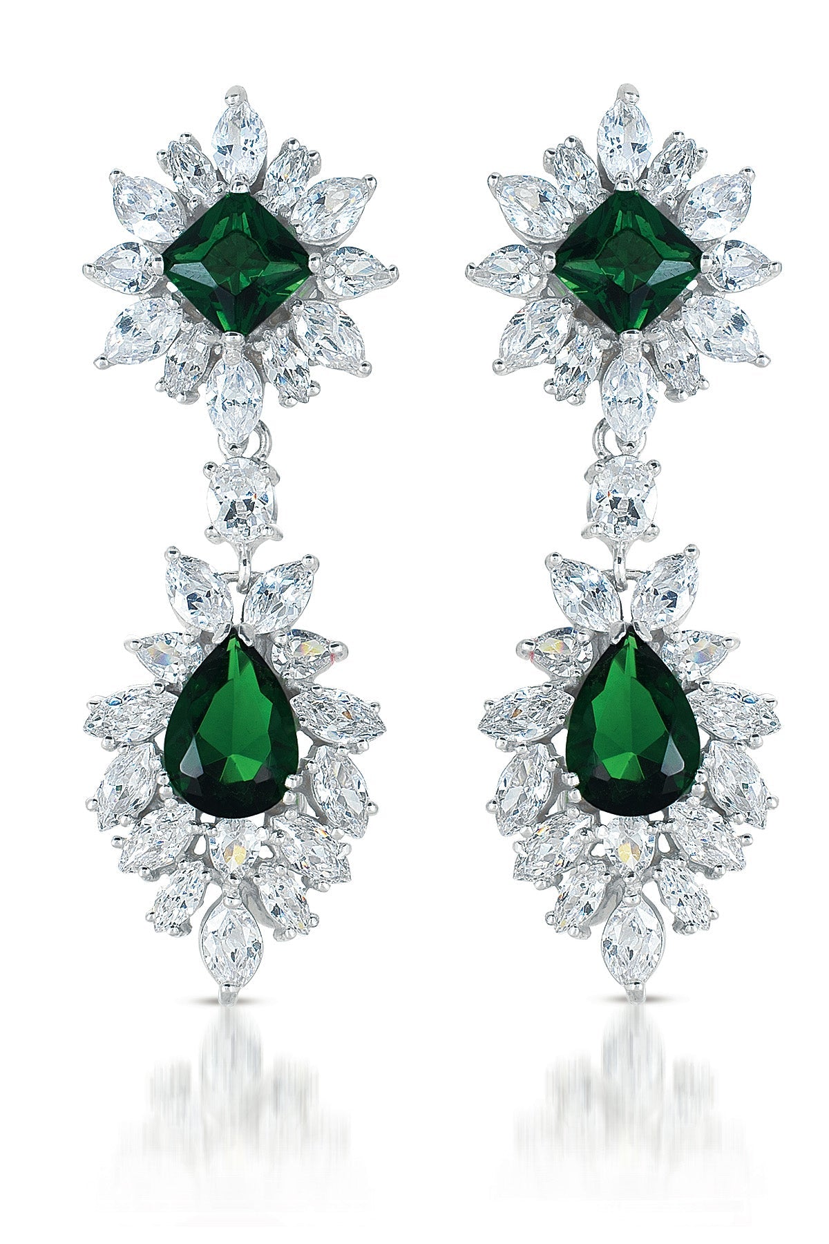 Sterling Silver with Emerald & Diamond Cubic Zirconia Double Halo Cluster Dangle Earrings